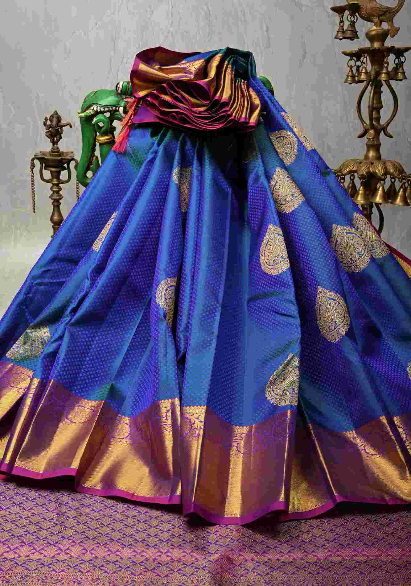 Exquisite Peacock Blue Dual tone Self Brocade on Kanjivaram Pure Silk Saree with Damask Motifs and Zari Border | SILK MARK CERTIFIED Ready To Wear Saree