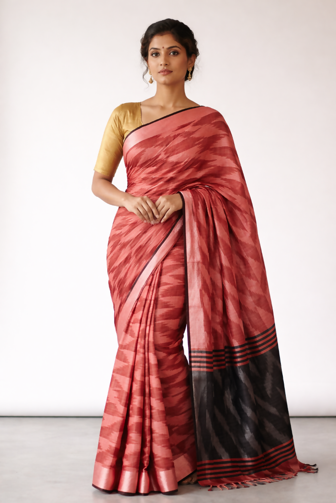Coral Red & Charcoal Black Ikat Saree  | SHOBITAM