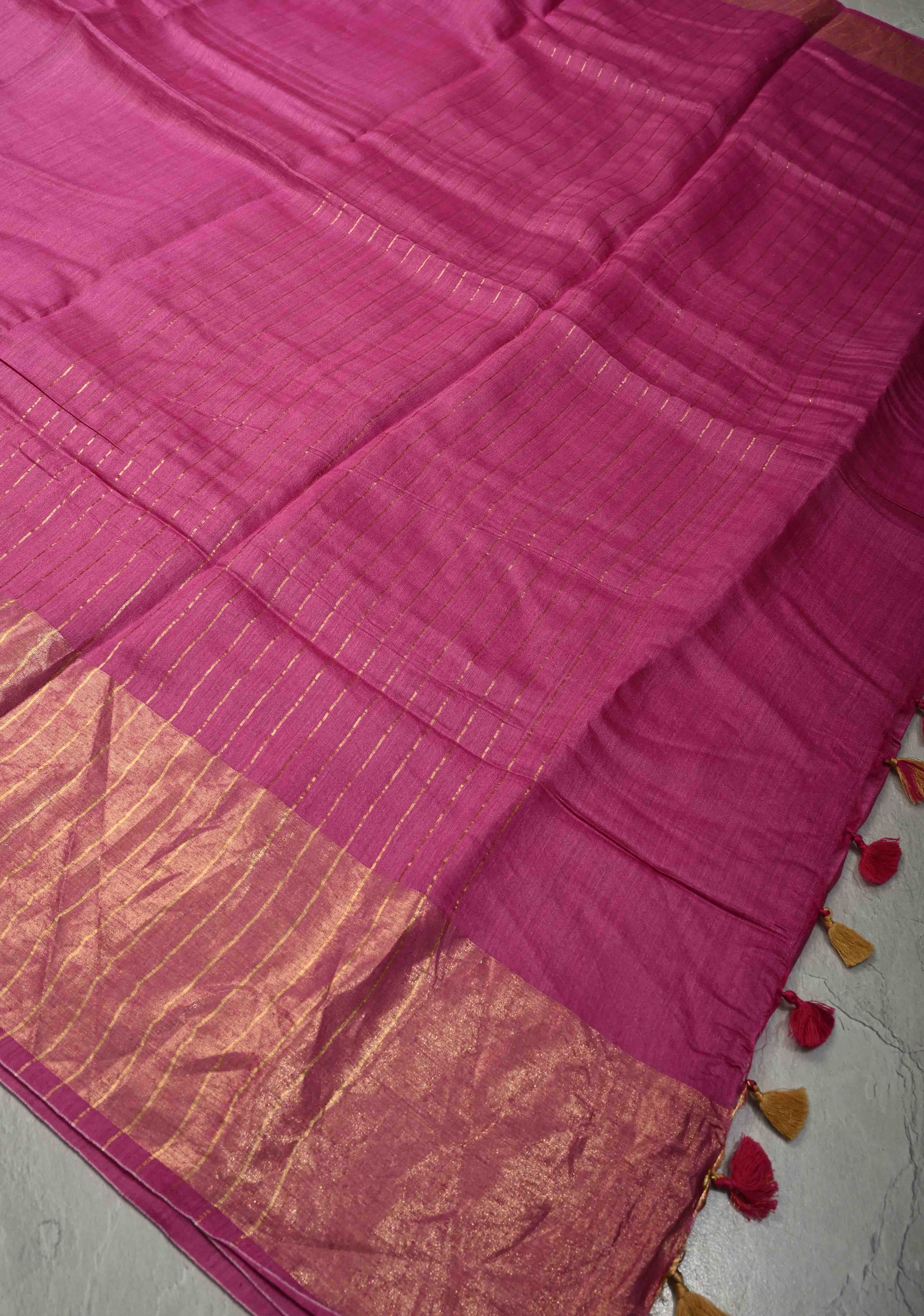 Raspberry Pink Ahimsa Silk Saree with Muted Wide Zari Border and Tassels | SILK MARK CERTIFIED | Shobitam