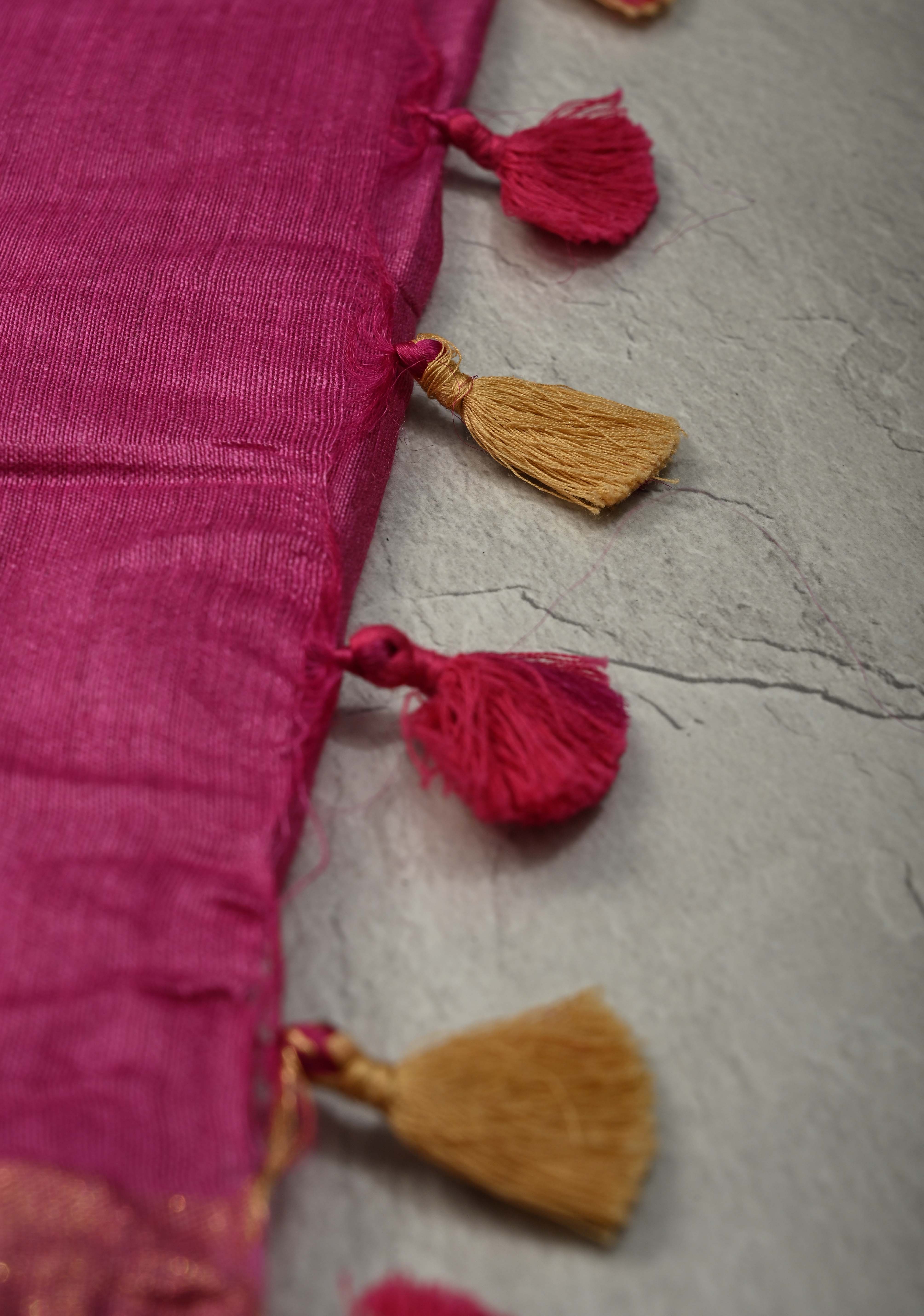 Raspberry Pink Ahimsa Silk Saree with Muted Wide Zari Border and Tassels | SILK MARK CERTIFIED | Shobitam