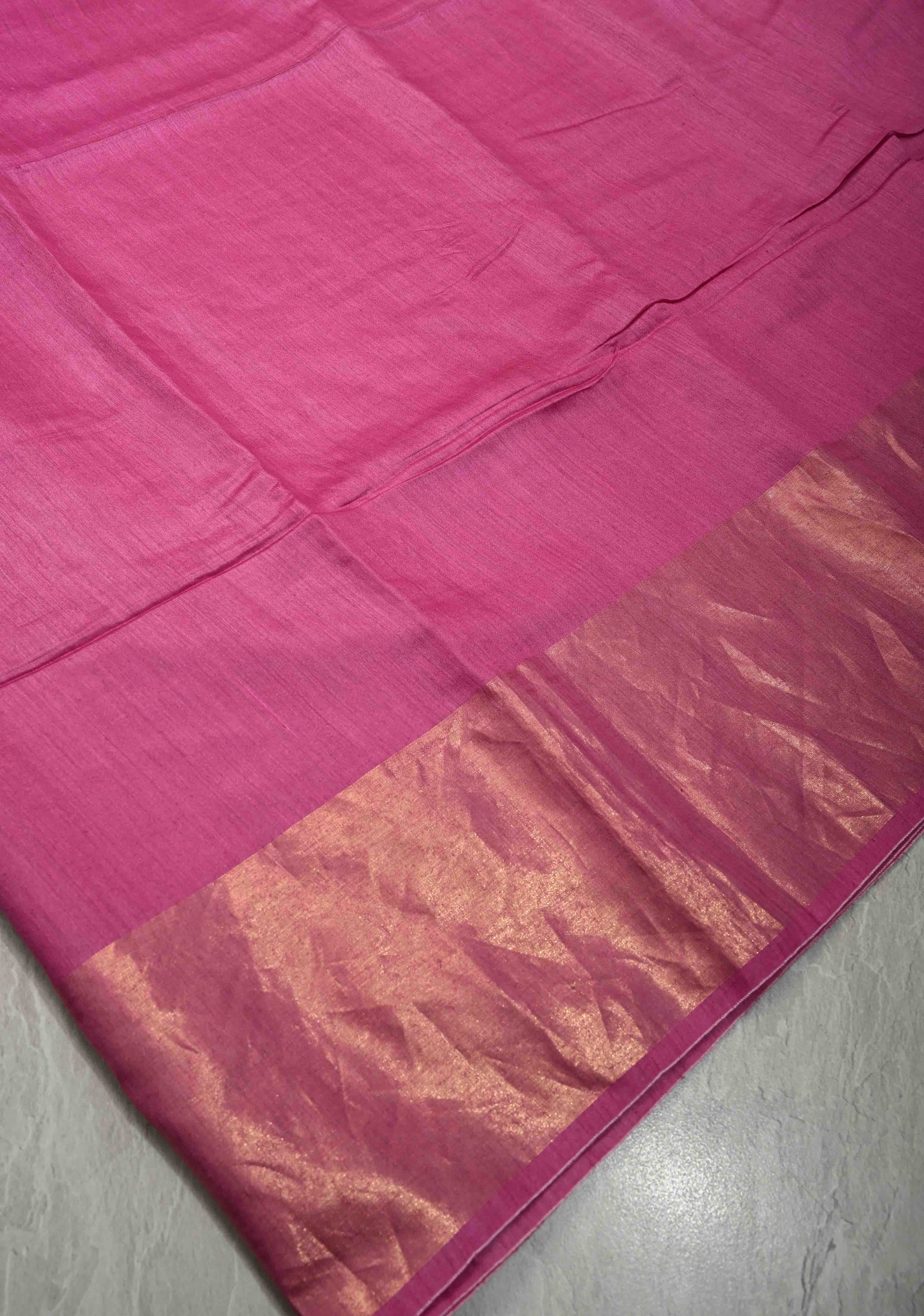 Raspberry Pink Ahimsa Silk Saree with Muted Wide Zari Border and Tassels | SILK MARK CERTIFIED | Shobitam