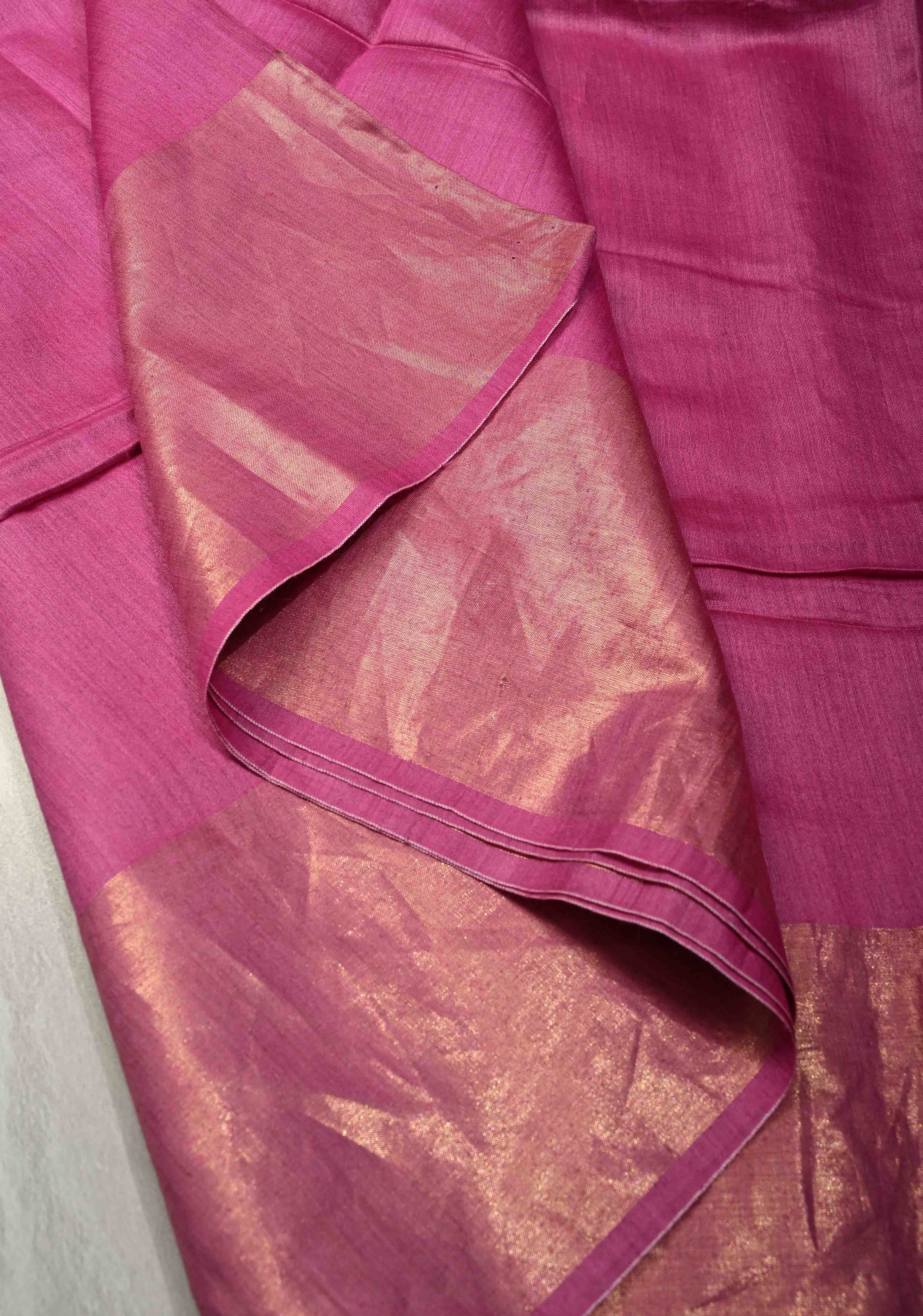Raspberry Pink Ahimsa Silk Saree with Muted Wide Zari Border and Tassels | SILK MARK CERTIFIED | Shobitam