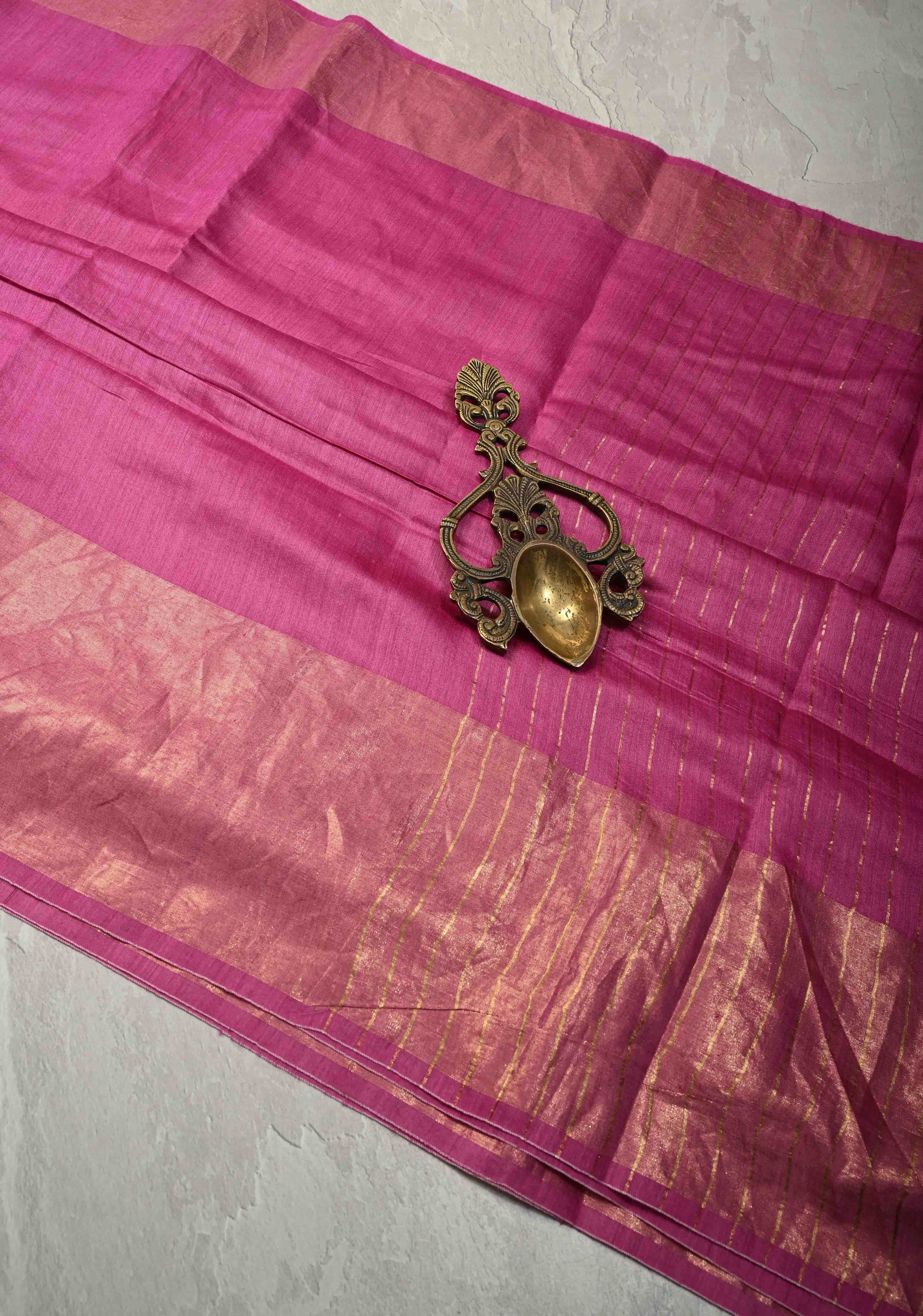 Raspberry Pink Ahimsa Silk Saree with Muted Wide Zari Border and Tassels | SILK MARK CERTIFIED | Shobitam