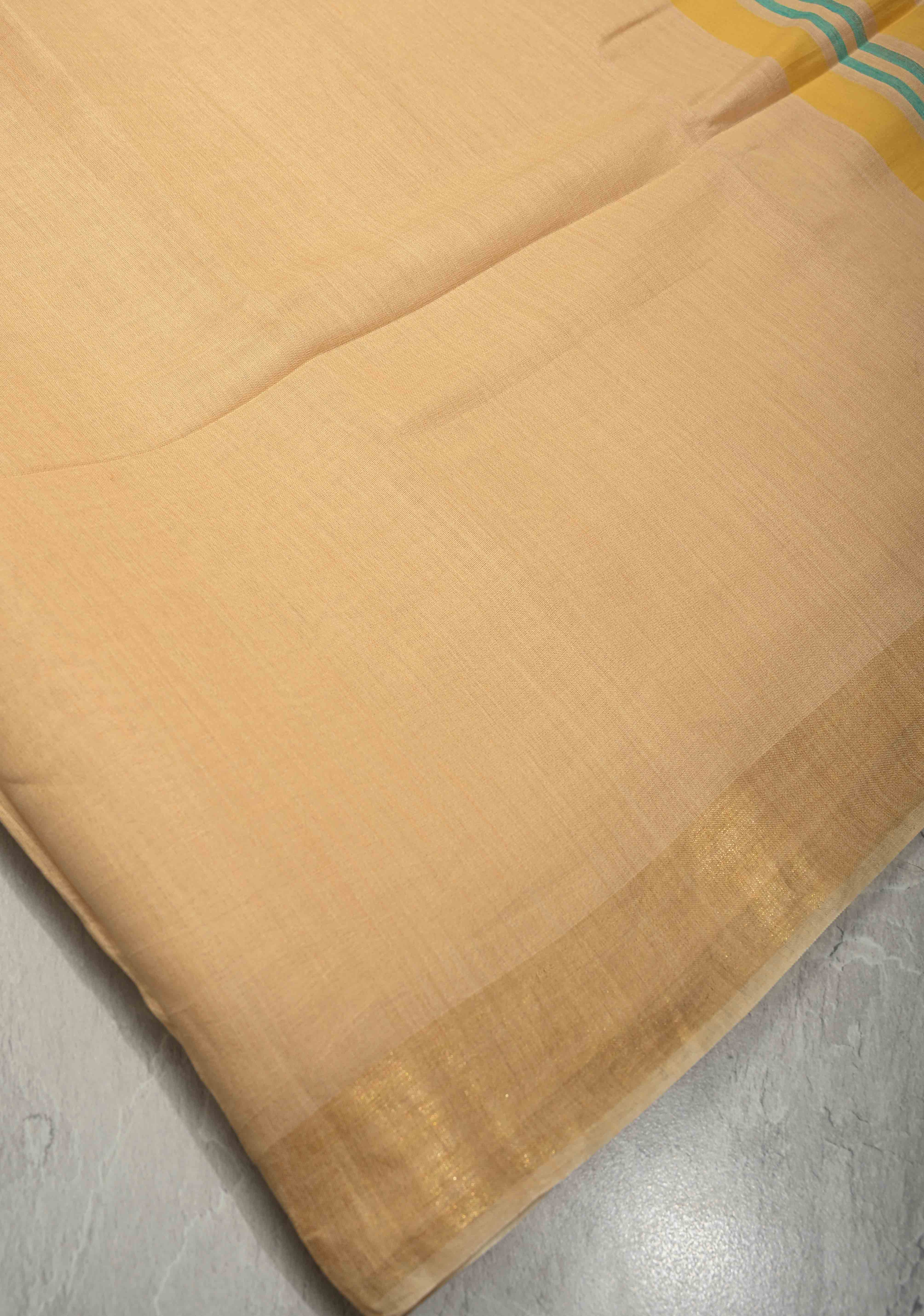 Beige Ahimsa Silk Saree with Muted Zari Border and Long Tassels | SILK MARK CERTIFIED | Shobitam