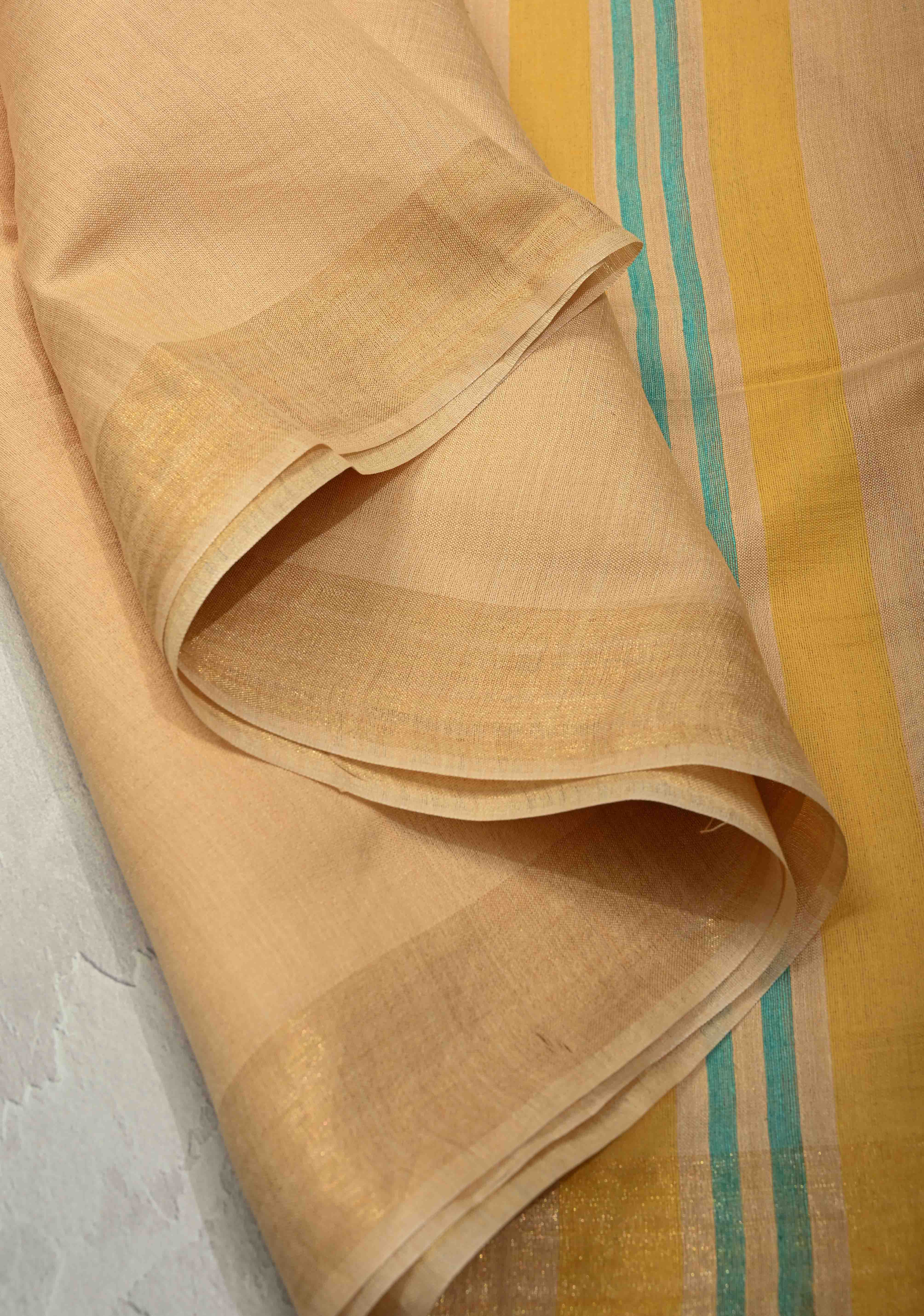 Beige Ahimsa Silk Saree with Muted Zari Border and Long Tassels | SILK MARK CERTIFIED | Shobitam
