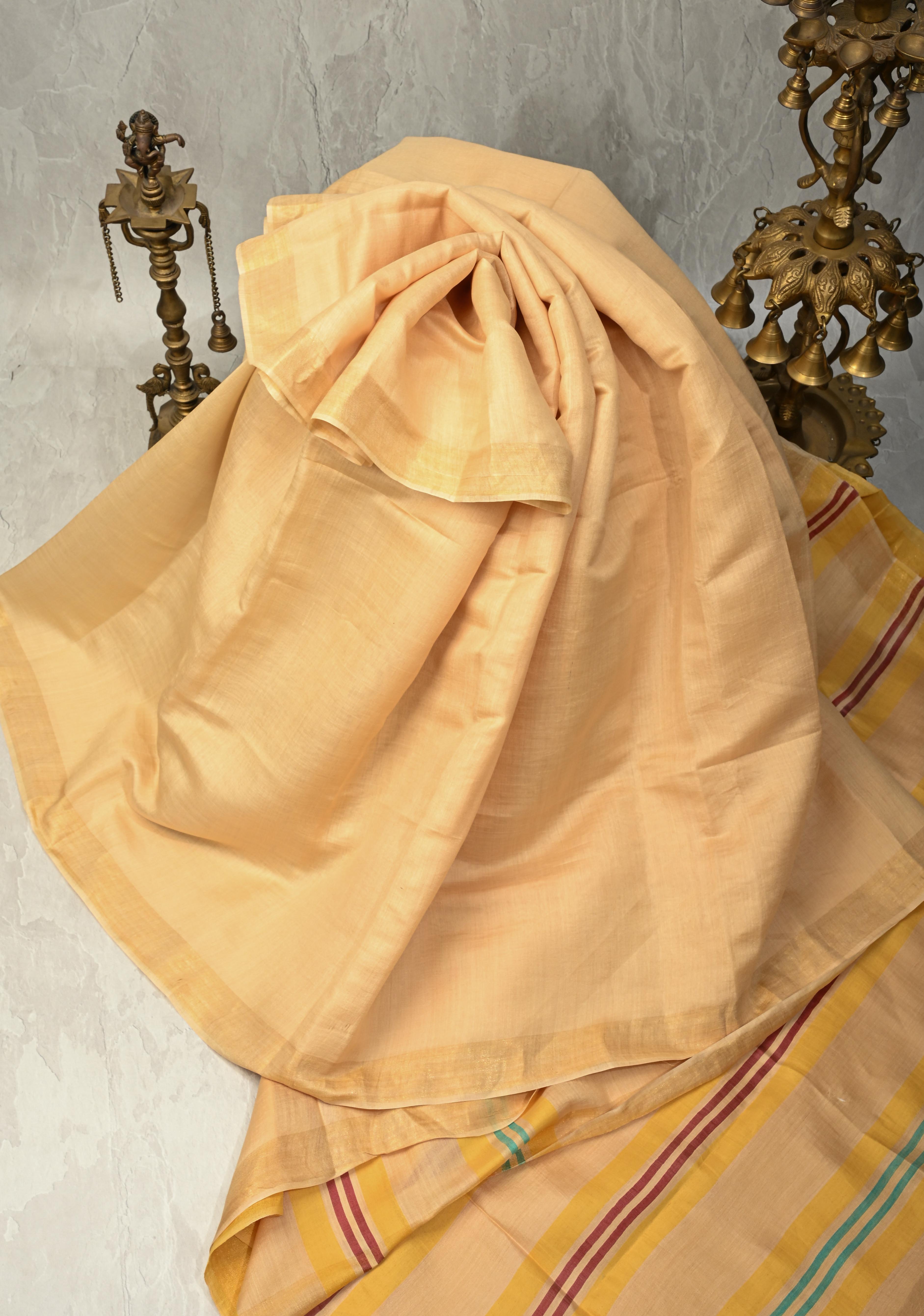 Beige Ahimsa Silk Saree with Muted Zari Border and Long Tassels | SILK MARK CERTIFIED | Shobitam