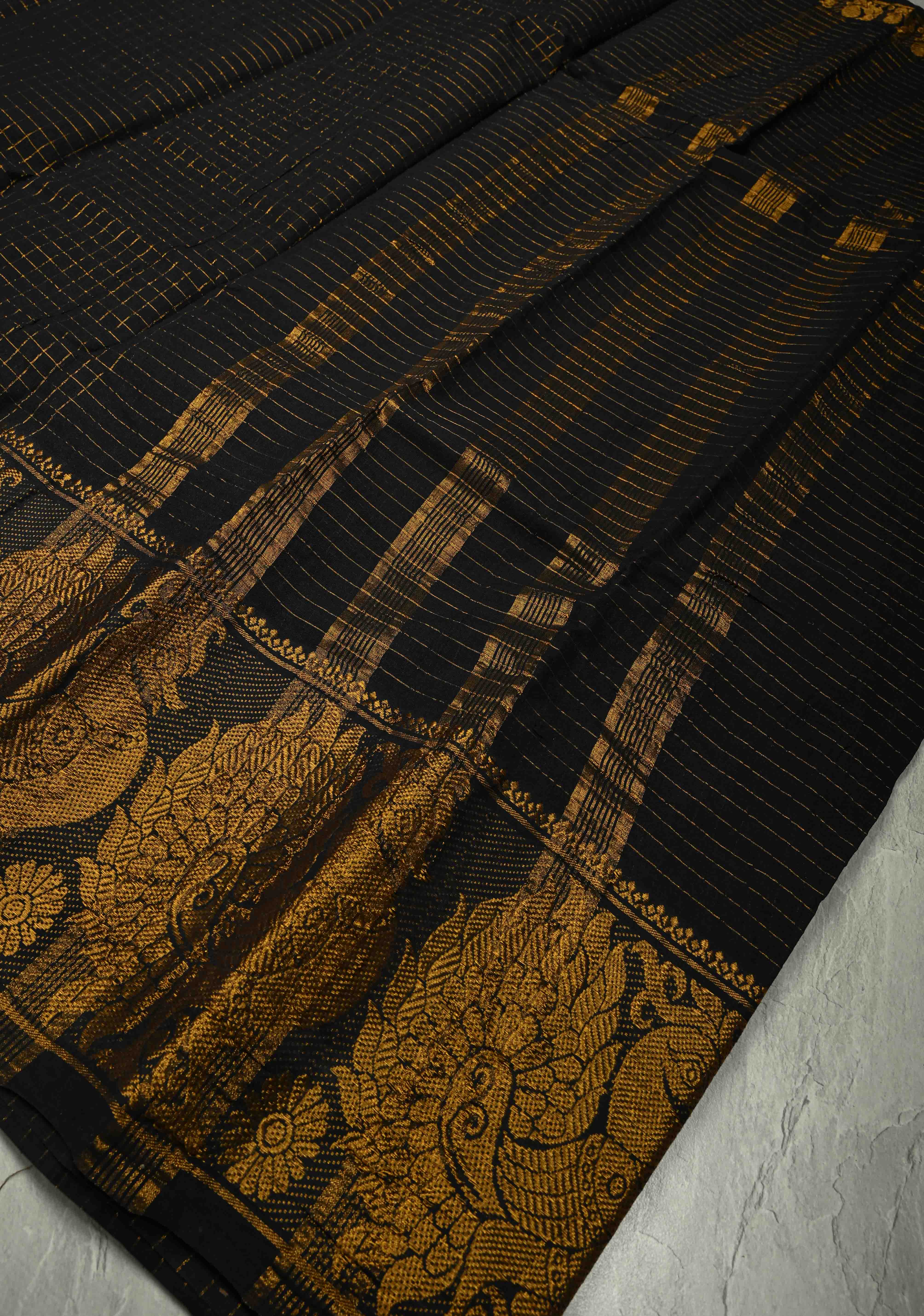 Vidya Balan Special - Black and Gold Madurai Cotton Saree with Zari Checks and Extra Wide Border | Shobitam