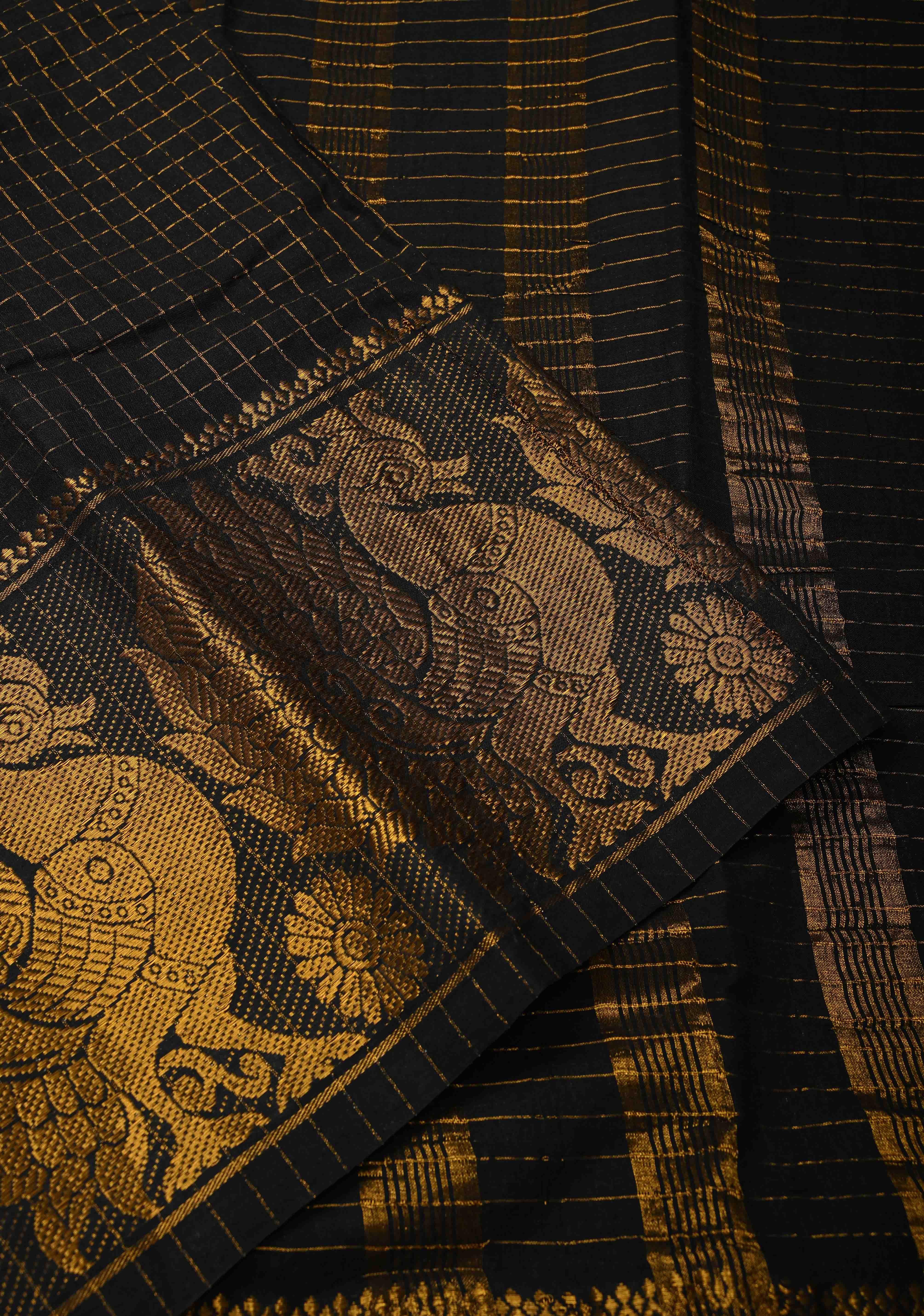 Vidya Balan Special - Black and Gold Madurai Cotton Saree with Zari Checks and Extra Wide Border | Shobitam