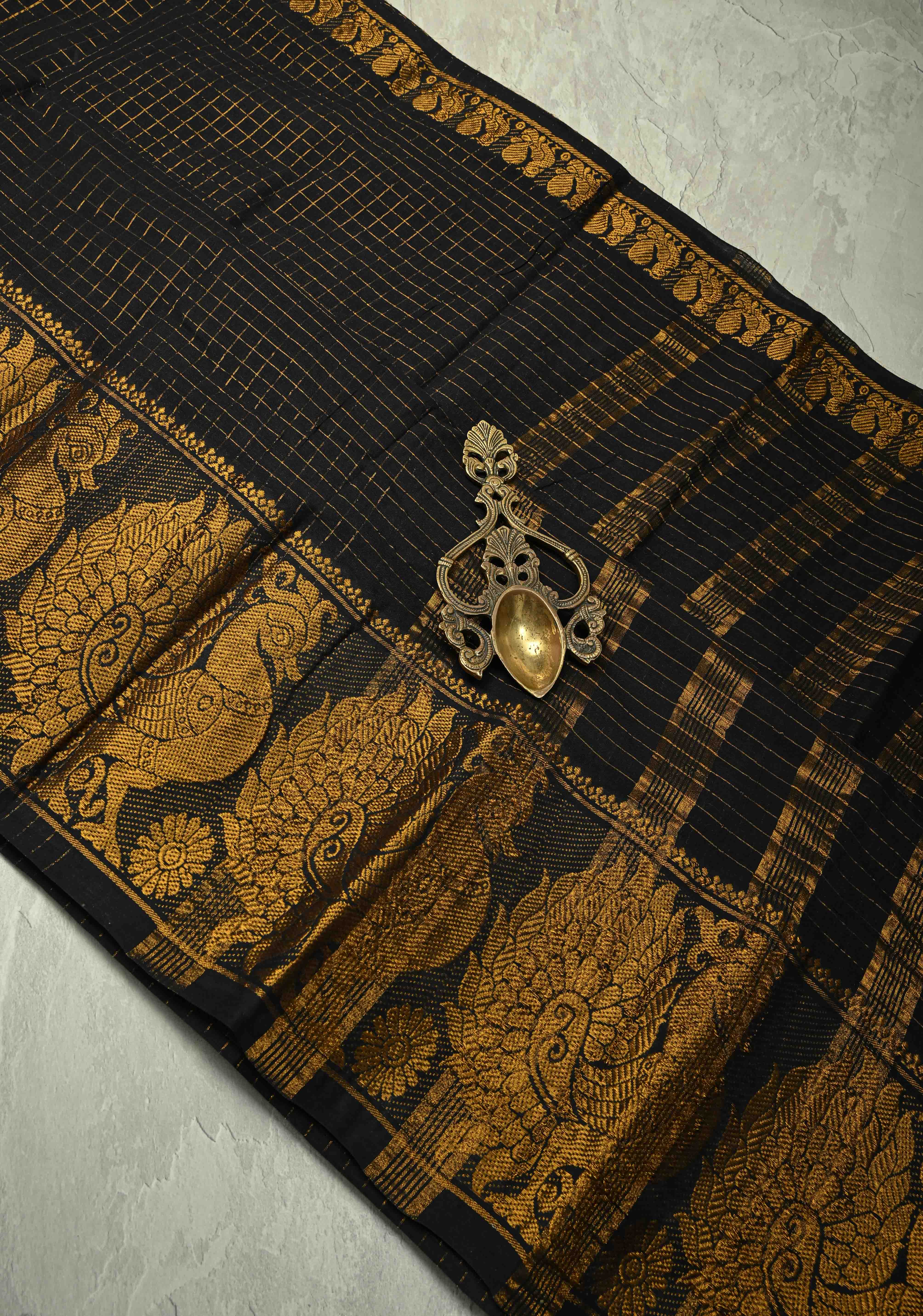 Vidya Balan Special - Black and Gold Madurai Cotton Saree with Zari Checks and Extra Wide Border | Shobitam