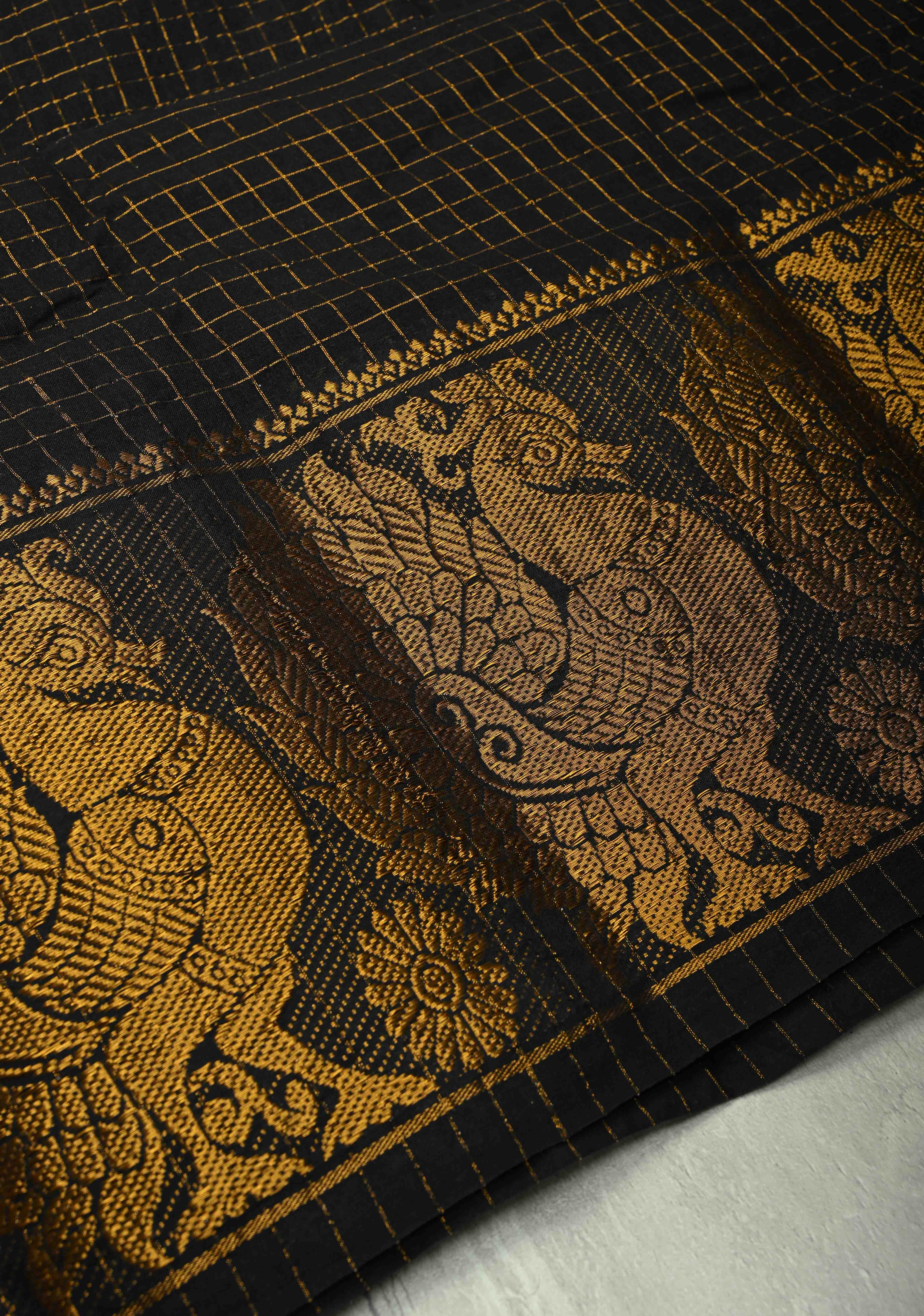 Vidya Balan Special - Black and Gold Madurai Cotton Saree with Zari Checks and Extra Wide Border | Shobitam