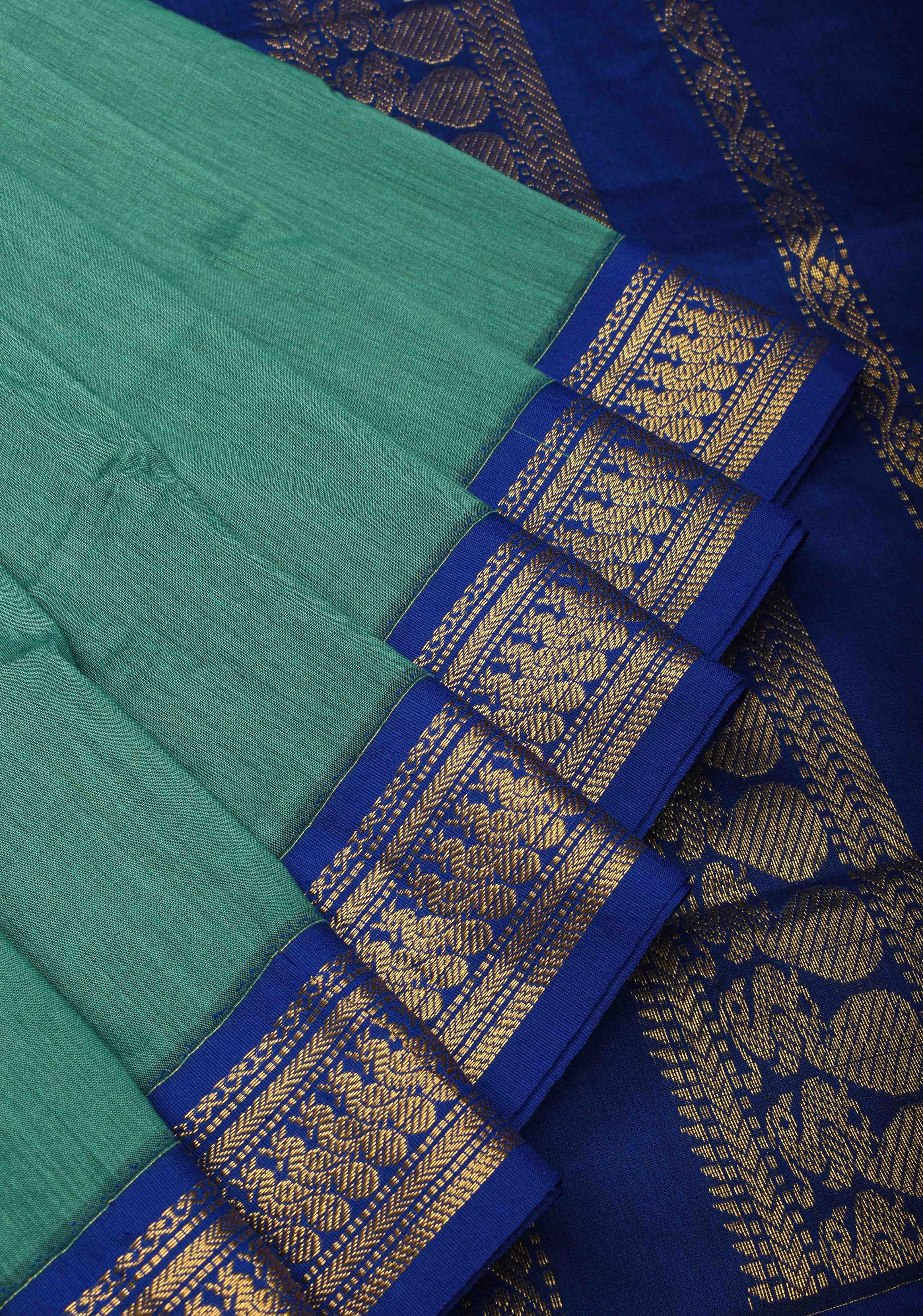 Persian Green Venkatagiri Cotton Silk Saree with Contrast Zari Border | Shobitam