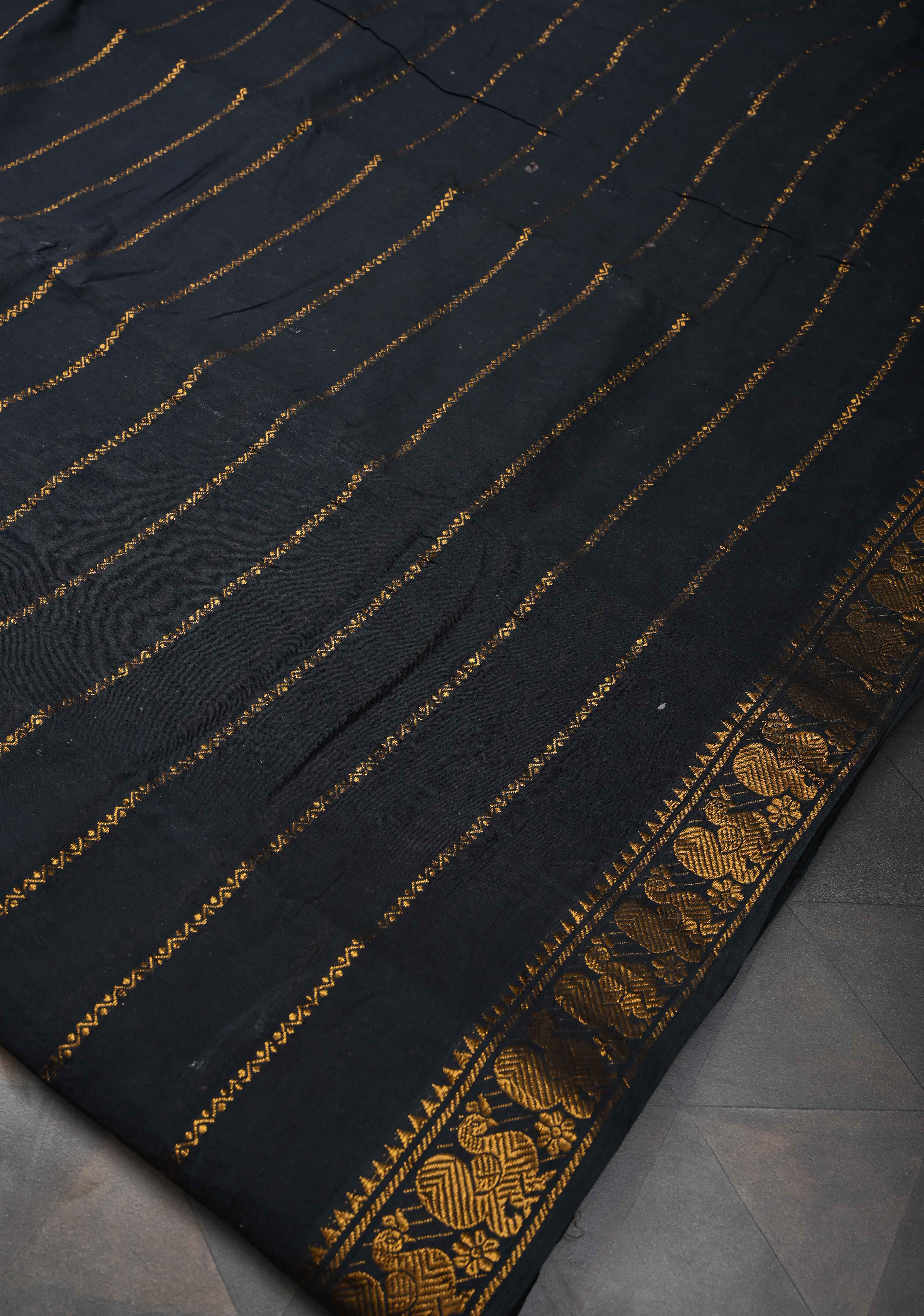 Veldhari Black Cotton Saree with Antique Horizontal Zari stripes and Peacock contrast Zari border, No blouse Piece | Shobitam
