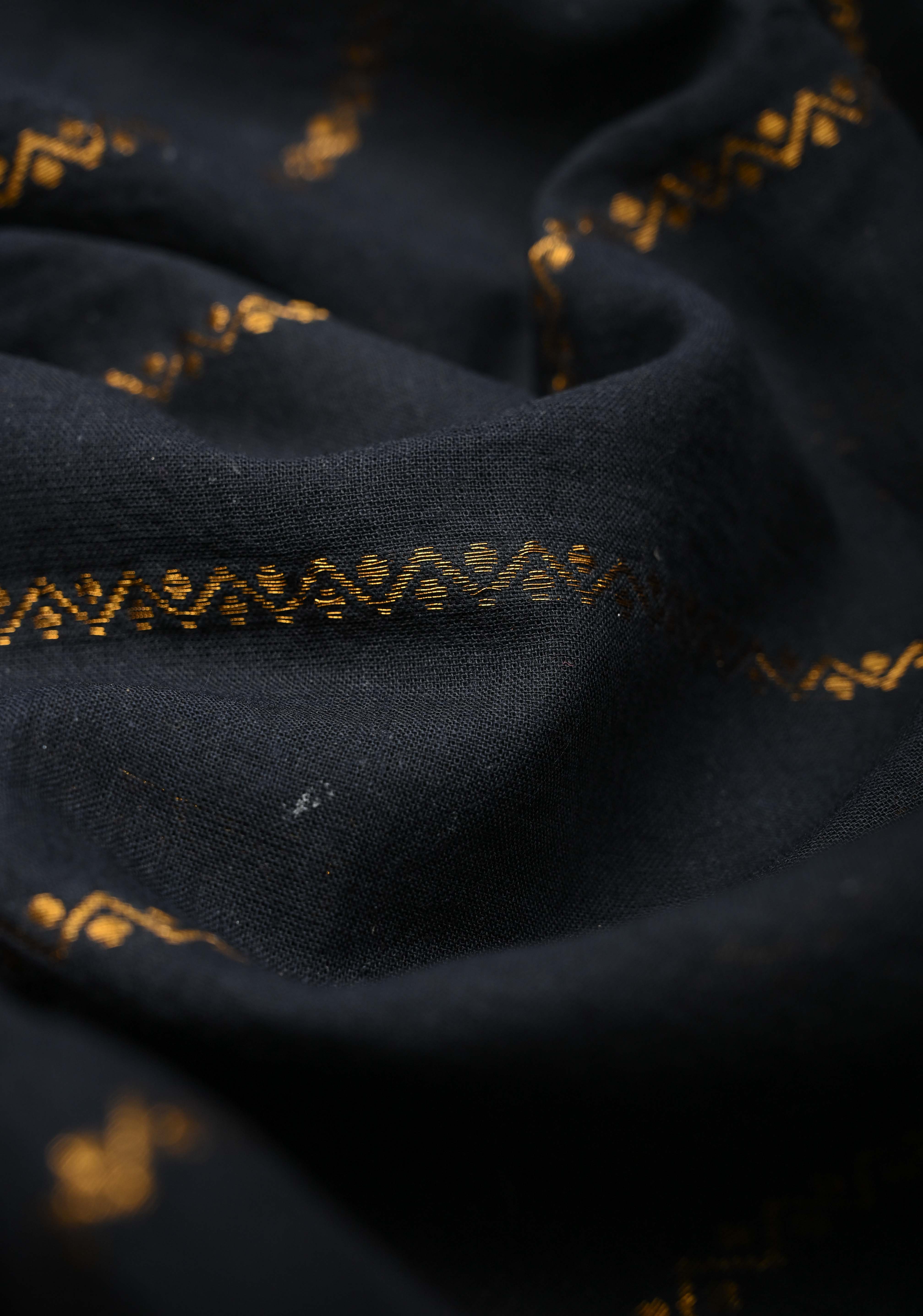 Veldhari Black Cotton Saree with Antique Horizontal Zari stripes and Peacock contrast Zari border, No blouse Piece | Shobitam