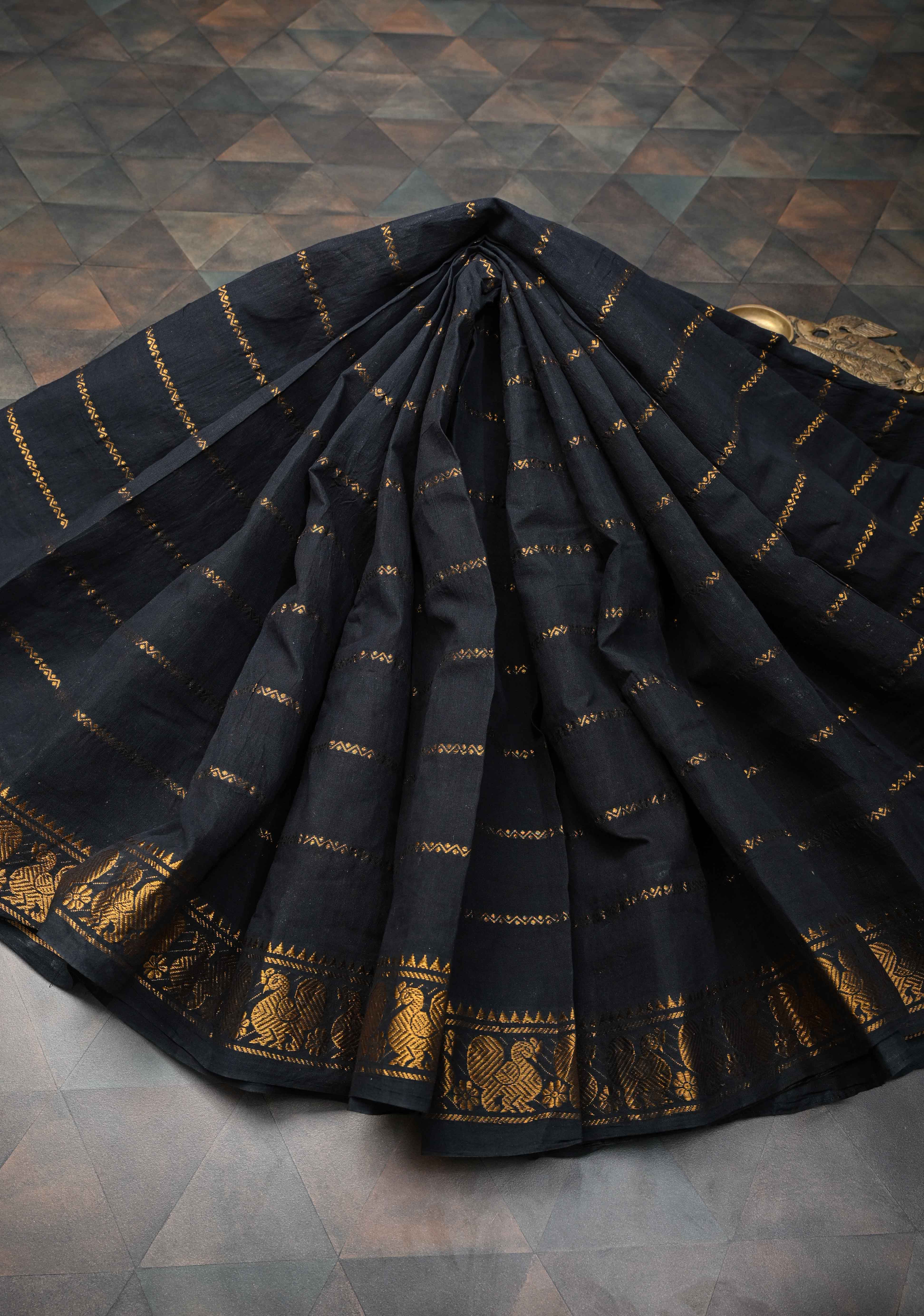 Veldhari Black Cotton Saree with Antique Horizontal Zari stripes and Peacock contrast Zari border, No blouse Piece | Shobitam