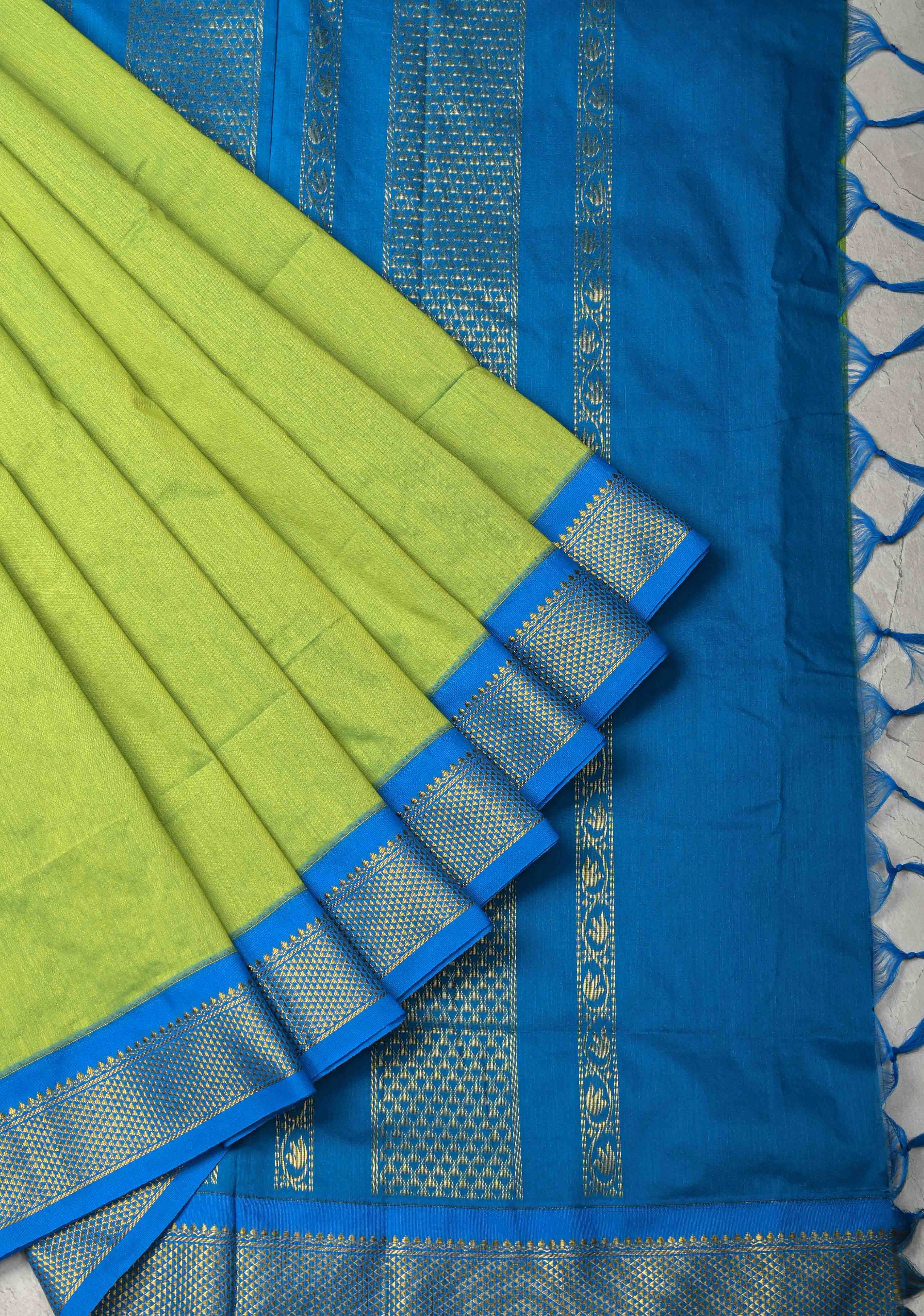 Electric Green Venkatagiri Cotton Silk Saree with Zari Border | Shobitam