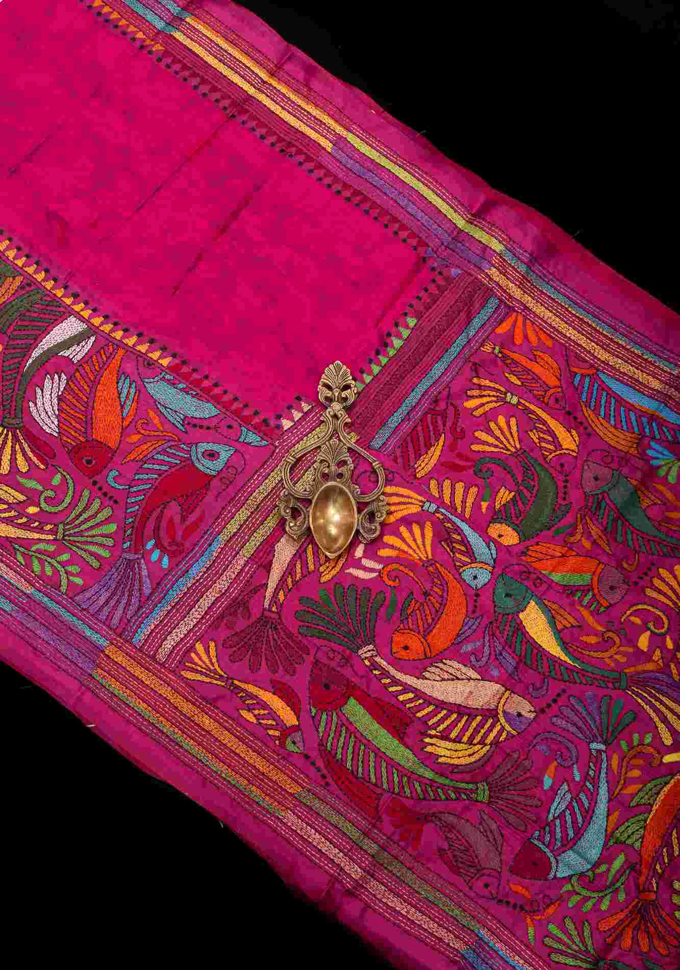 Pre drape Fish Theme Authentic hand Kantha Embroidery with Batik Fusion on Fuchsia Art Silk Saree