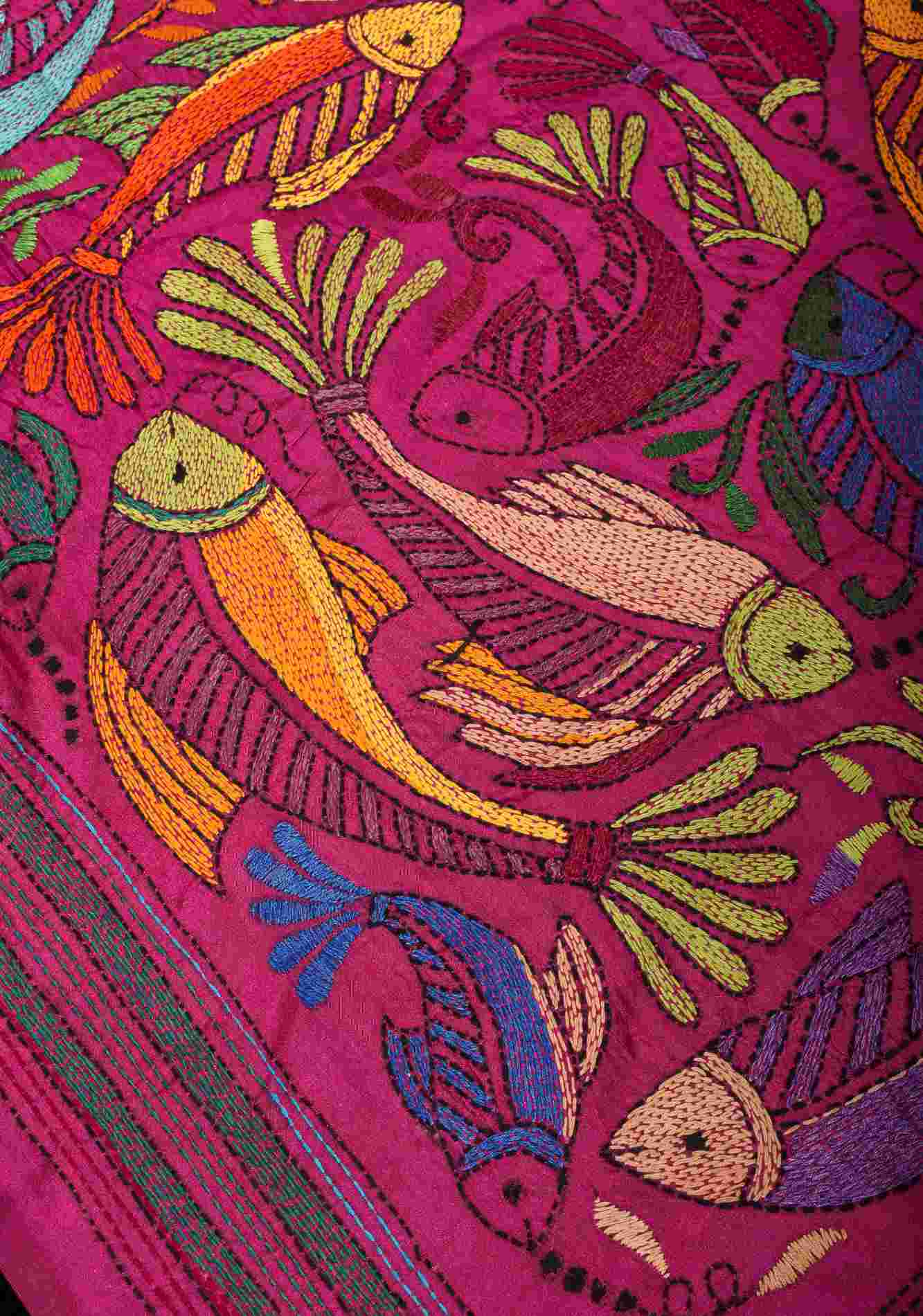 Pre drape Fish Theme Authentic hand Kantha Embroidery with Batik Fusion on Fuchsia Art Silk Saree