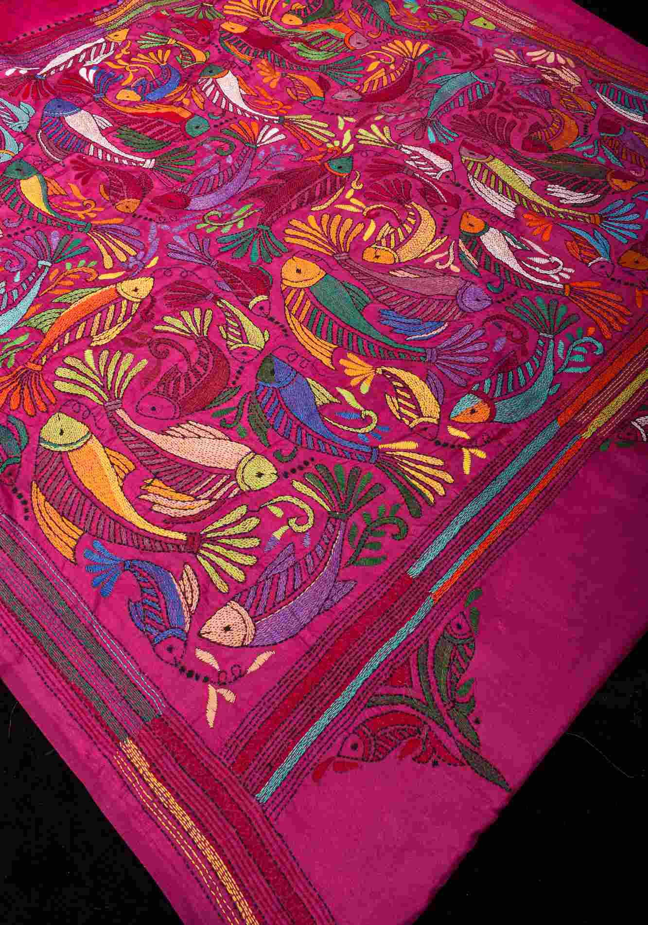 Pre drape Fish Theme Authentic hand Kantha Embroidery with Batik Fusion on Fuchsia Art Silk Saree