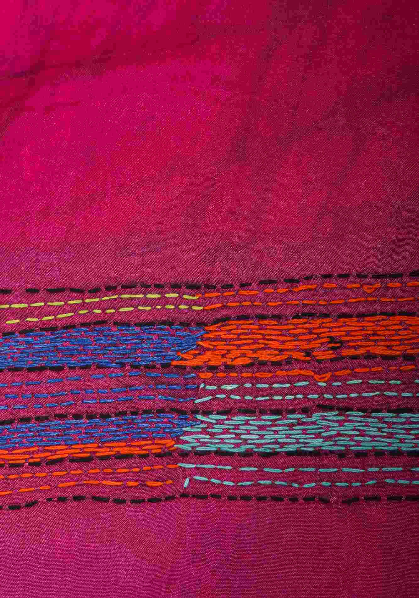 Pre drape Fish Theme Authentic hand Kantha Embroidery with Batik Fusion on Fuchsia Art Silk Saree