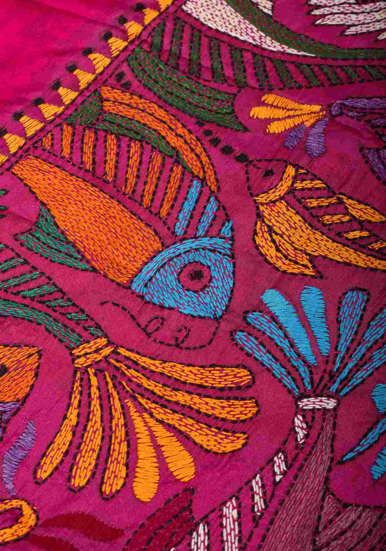 Pre drape Fish Theme Authentic hand Kantha Embroidery with Batik Fusion on Fuchsia Art Silk Saree