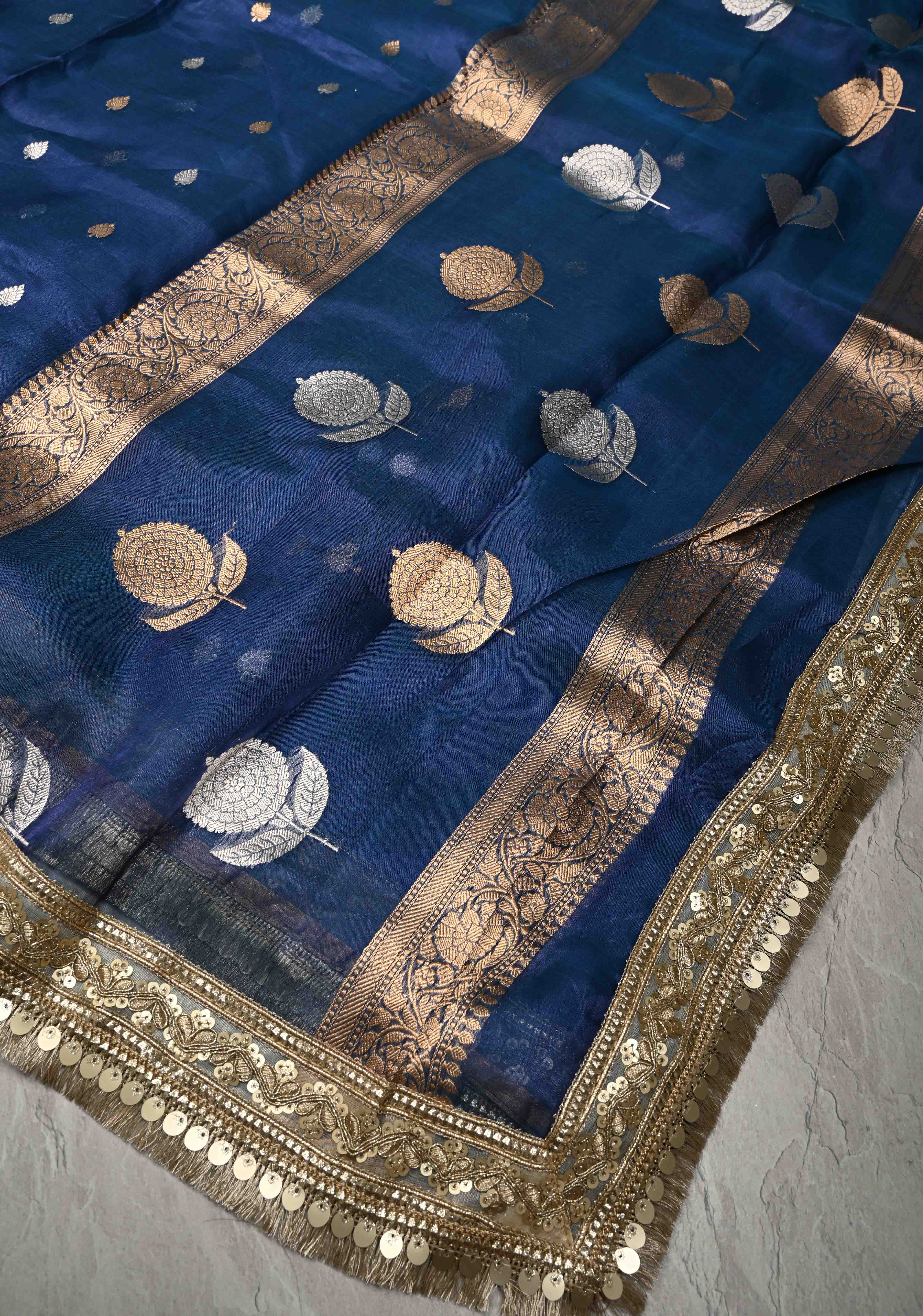 Prussian Blue Organza Silk Saree with Sona Rupa Buttis and Fancy Lace Trim Border | SILK MARK CERTIFIED | Shobitam
