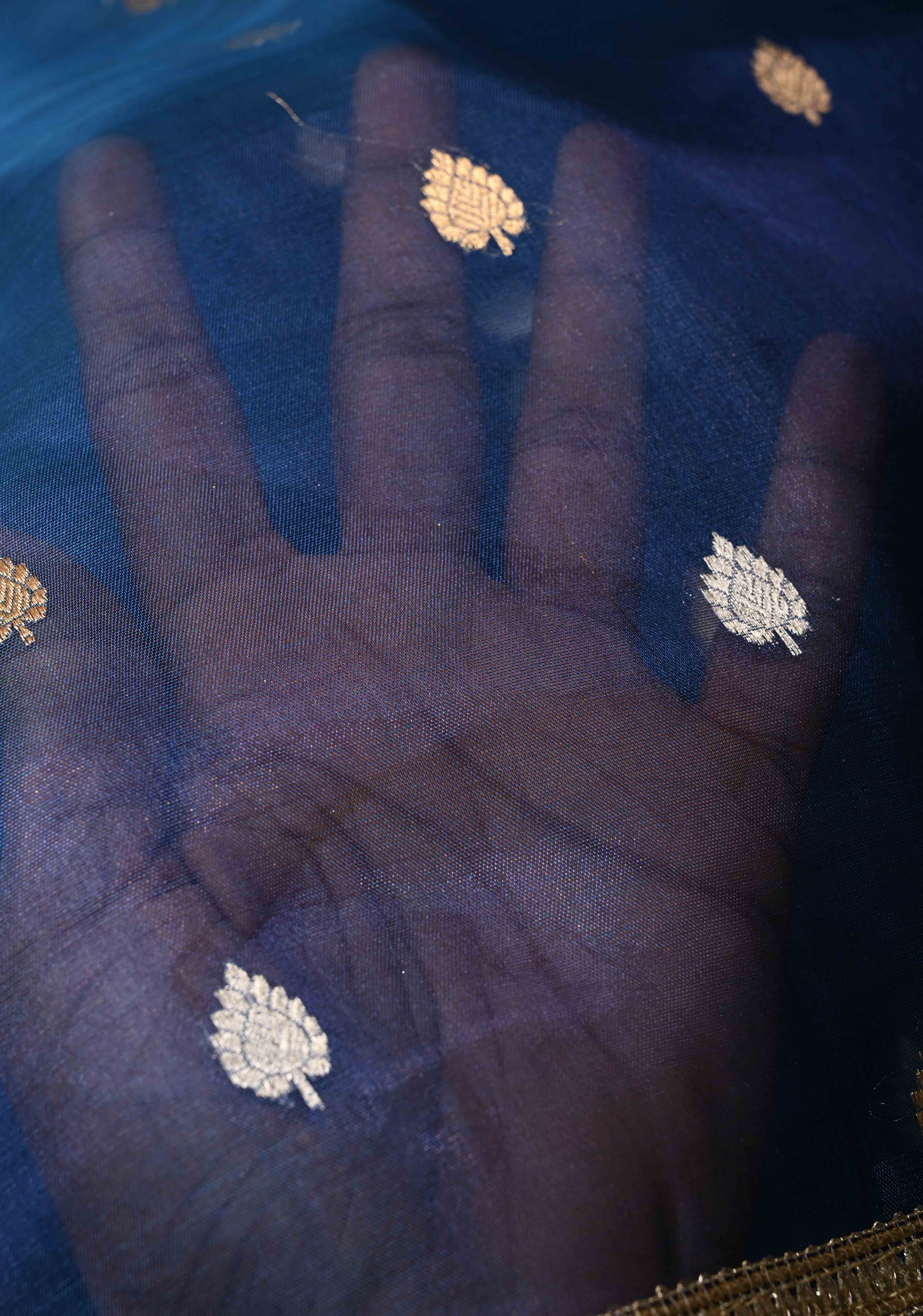 Prussian Blue Organza Silk Saree with Sona Rupa Buttis and Fancy Lace Trim Border | SILK MARK CERTIFIED | Shobitam