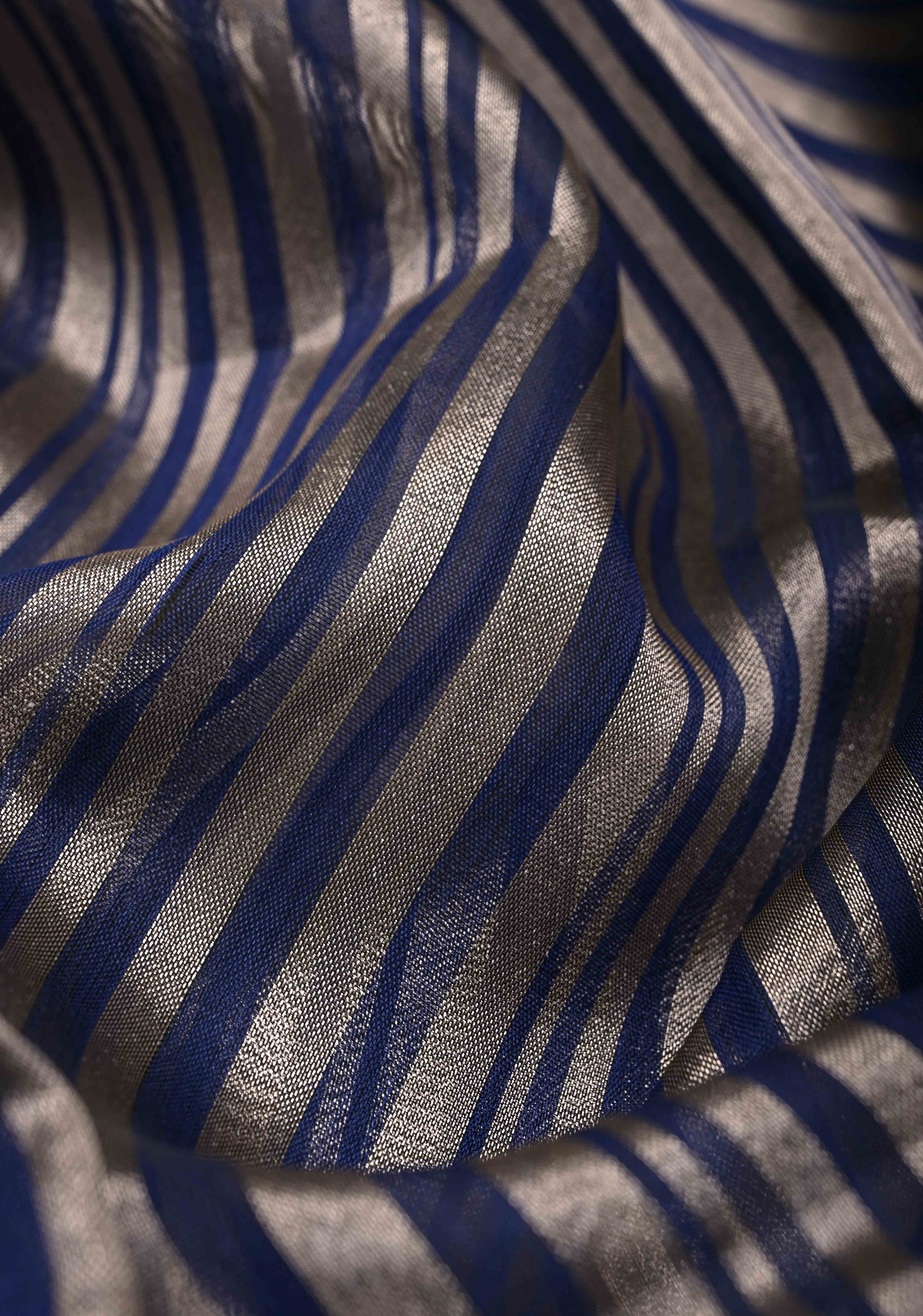 Royal Blue Semi Kora Saree with Tissue Stripes and Zari Border | Shobitam