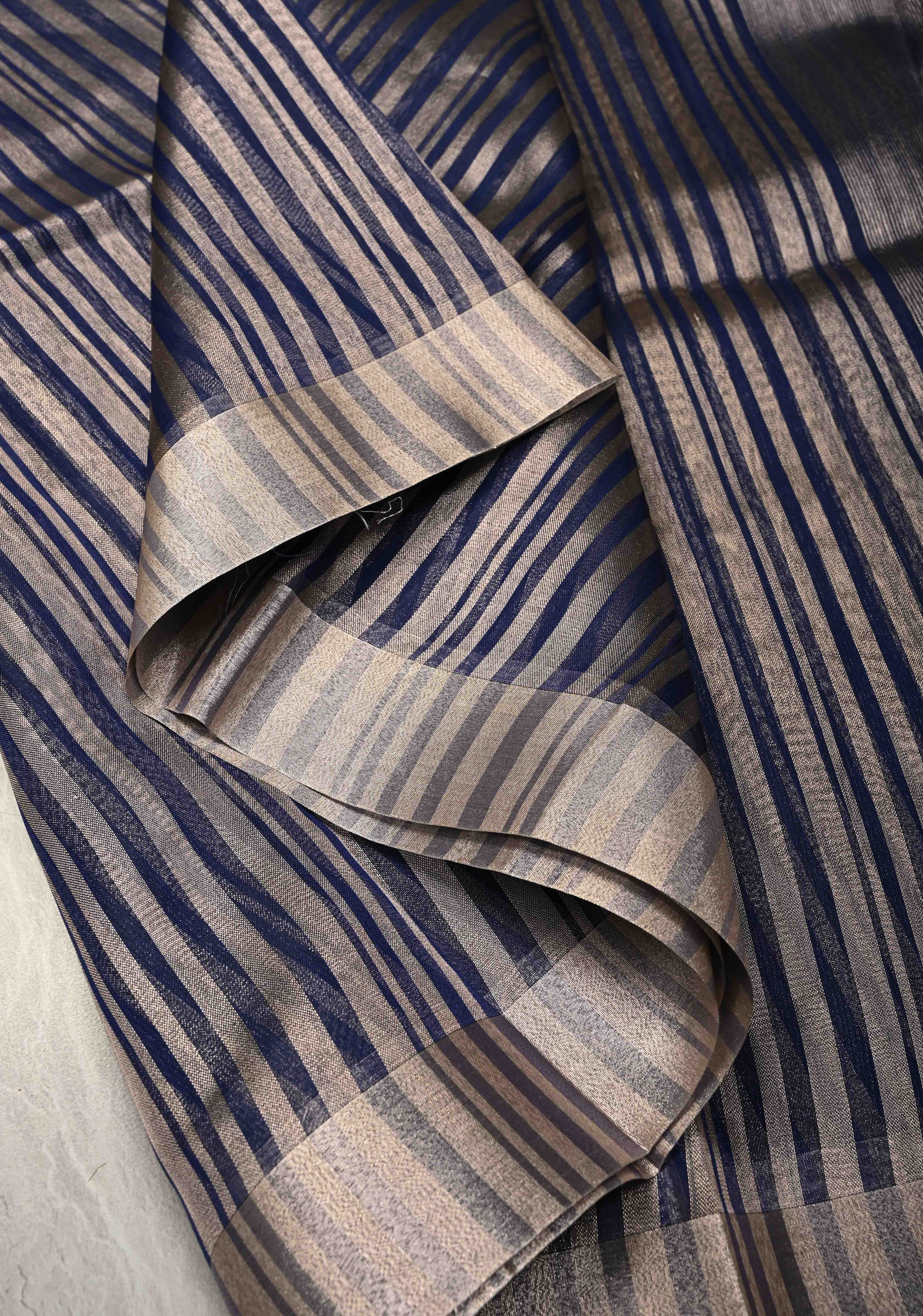 Royal Blue Semi Kora Saree with Tissue Stripes and Zari Border | Shobitam