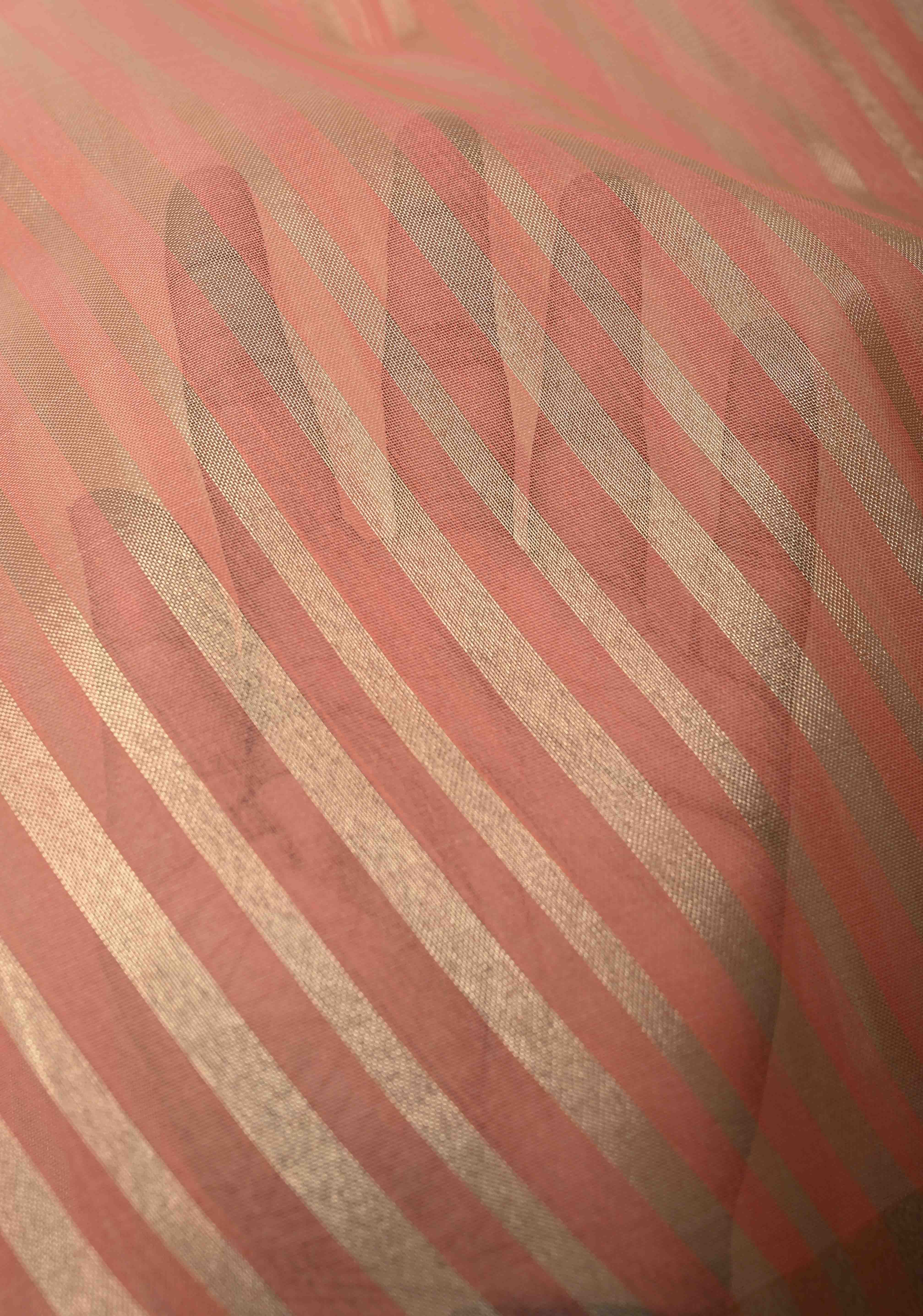 Salmon Pink Semi Kora Saree with Tissue Stripes and Minimal Zari Border | Shobitam