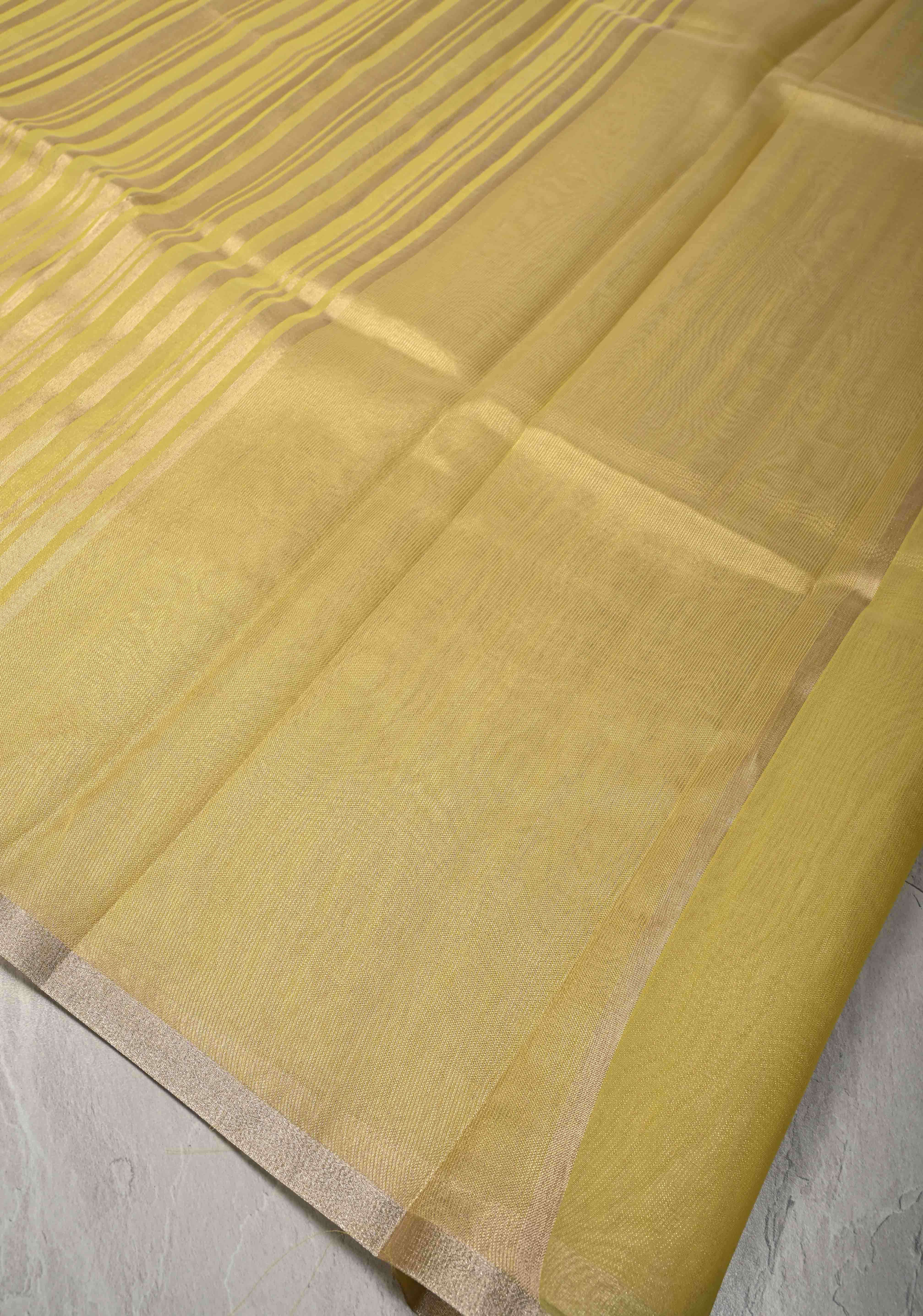 Musturd Yellow Semi Kora Saree with Tissue Stripes and Minimal Zari Border | Shobitam