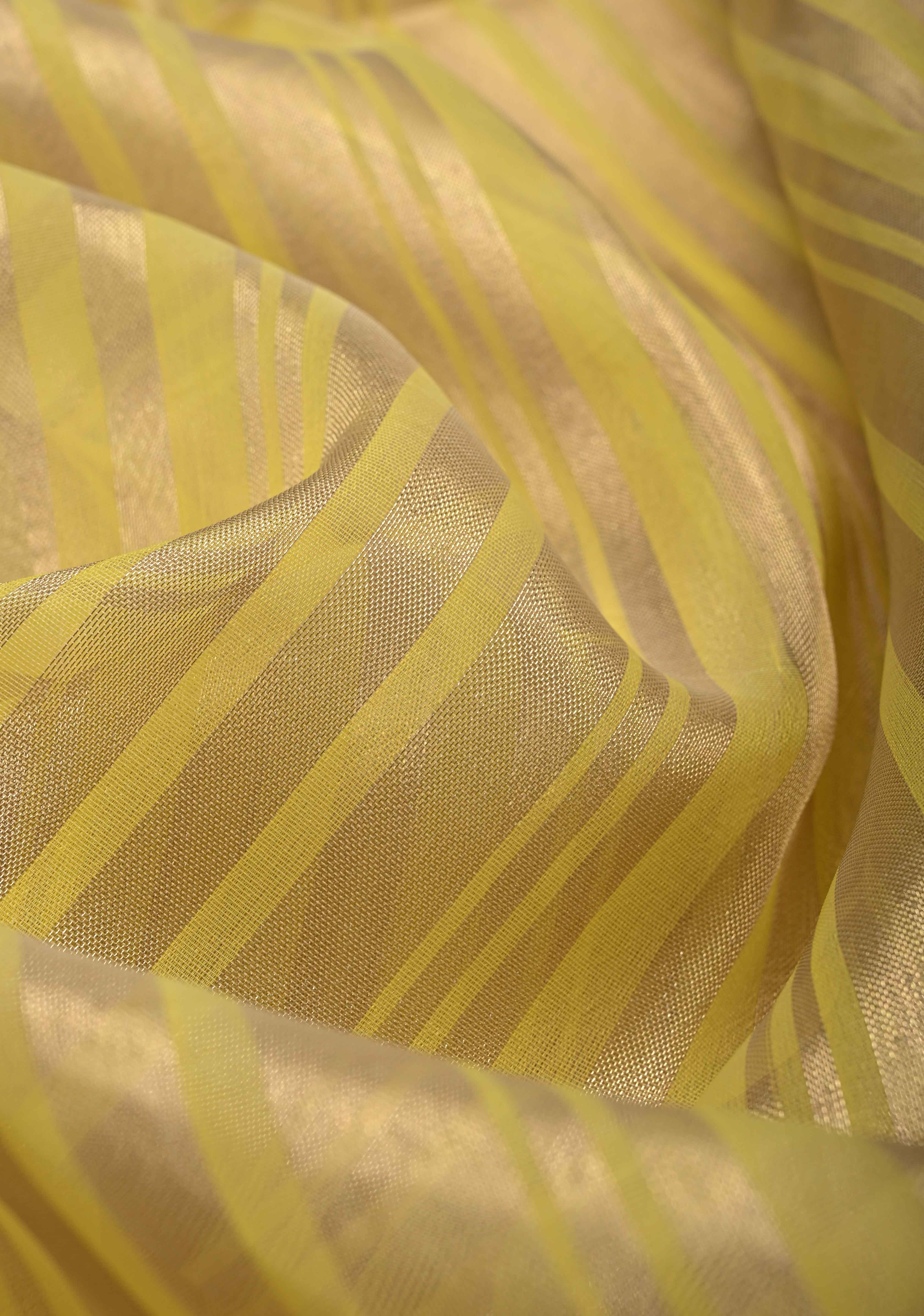 Musturd Yellow Semi Kora Saree with Tissue Stripes and Minimal Zari Border | Shobitam