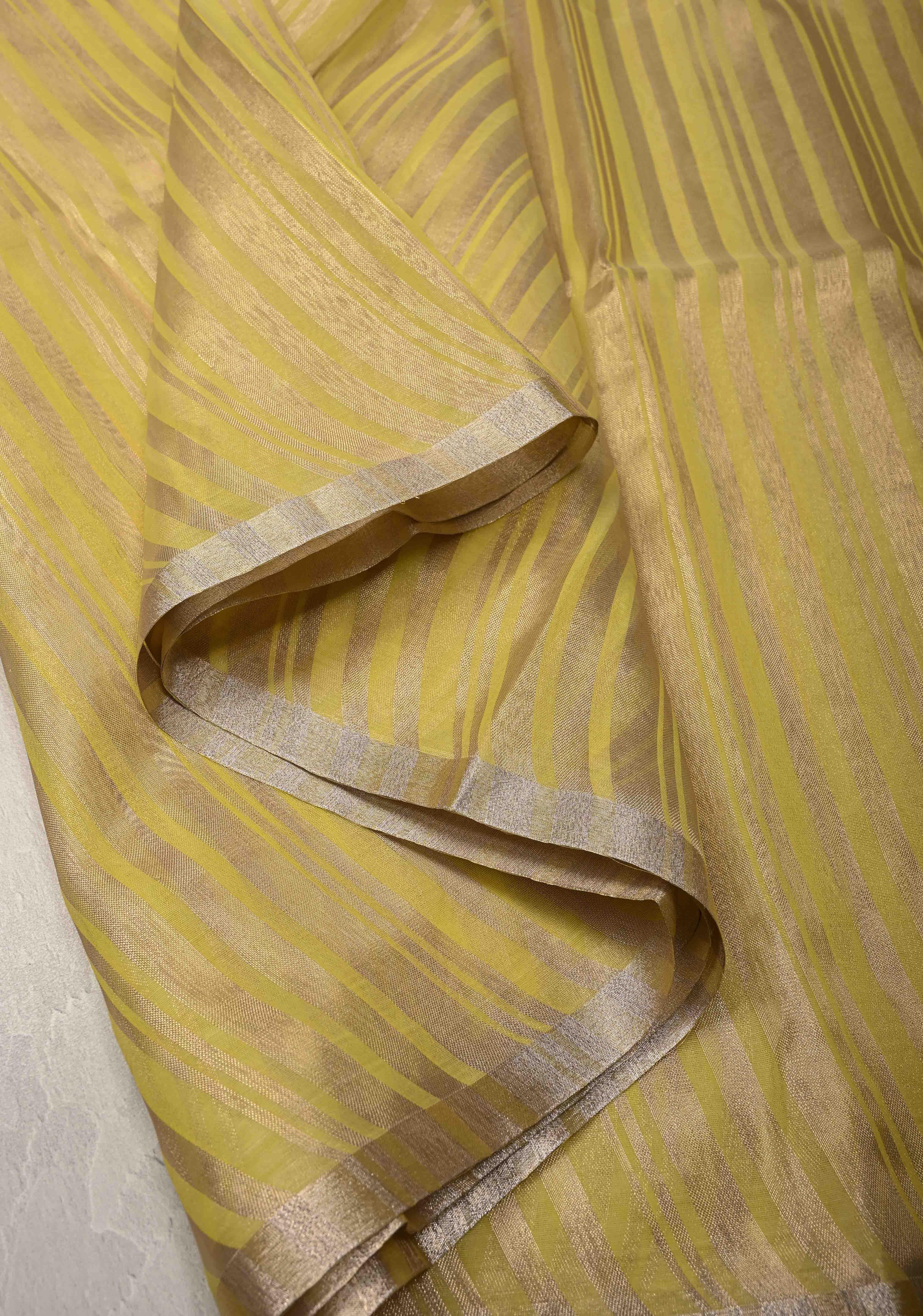 Musturd Yellow Semi Kora Saree with Tissue Stripes and Minimal Zari Border | Shobitam