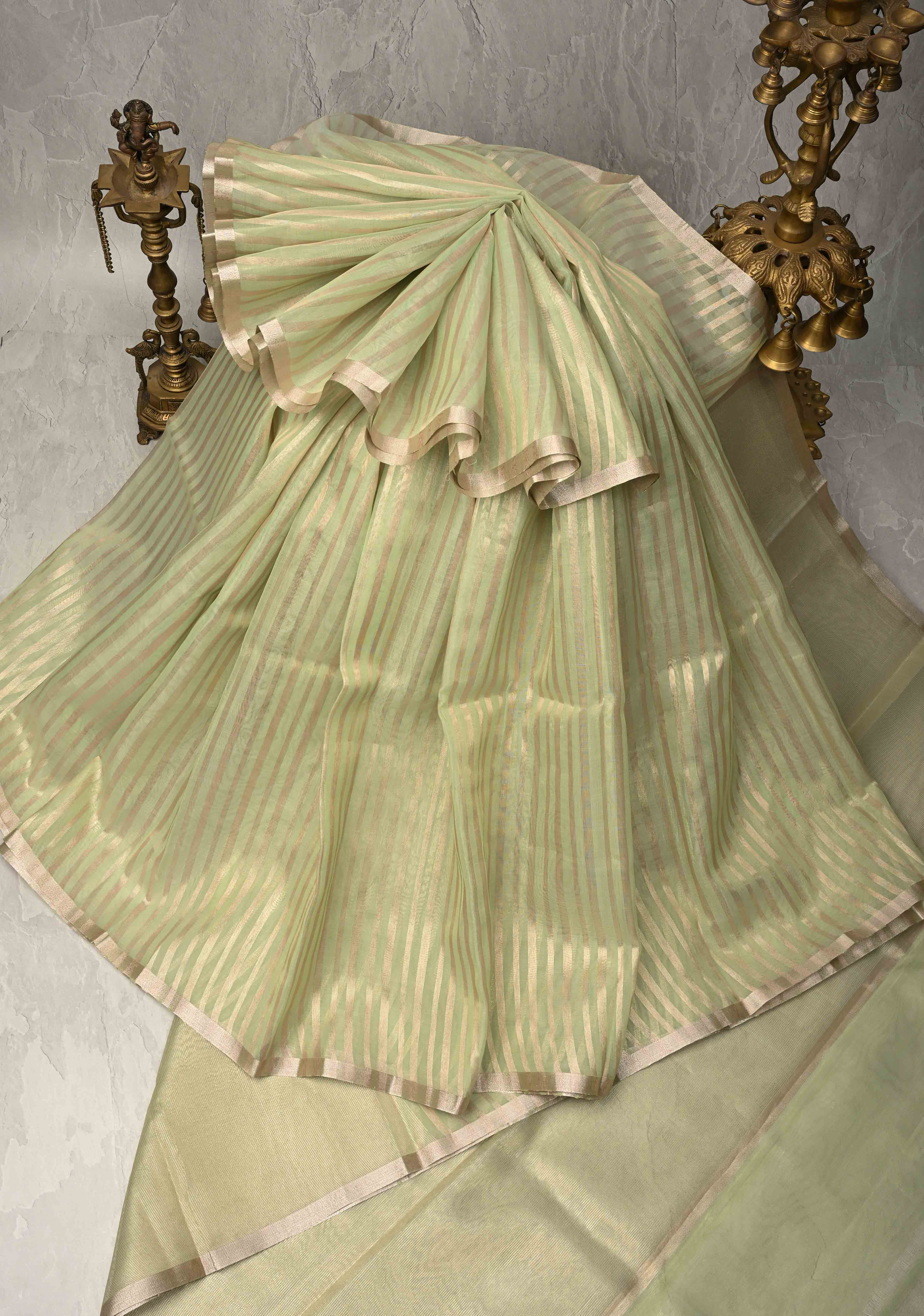 Lime Green Semi Kora Saree with Tissue Stripes and Minimal Zari Border | SHOBITAM