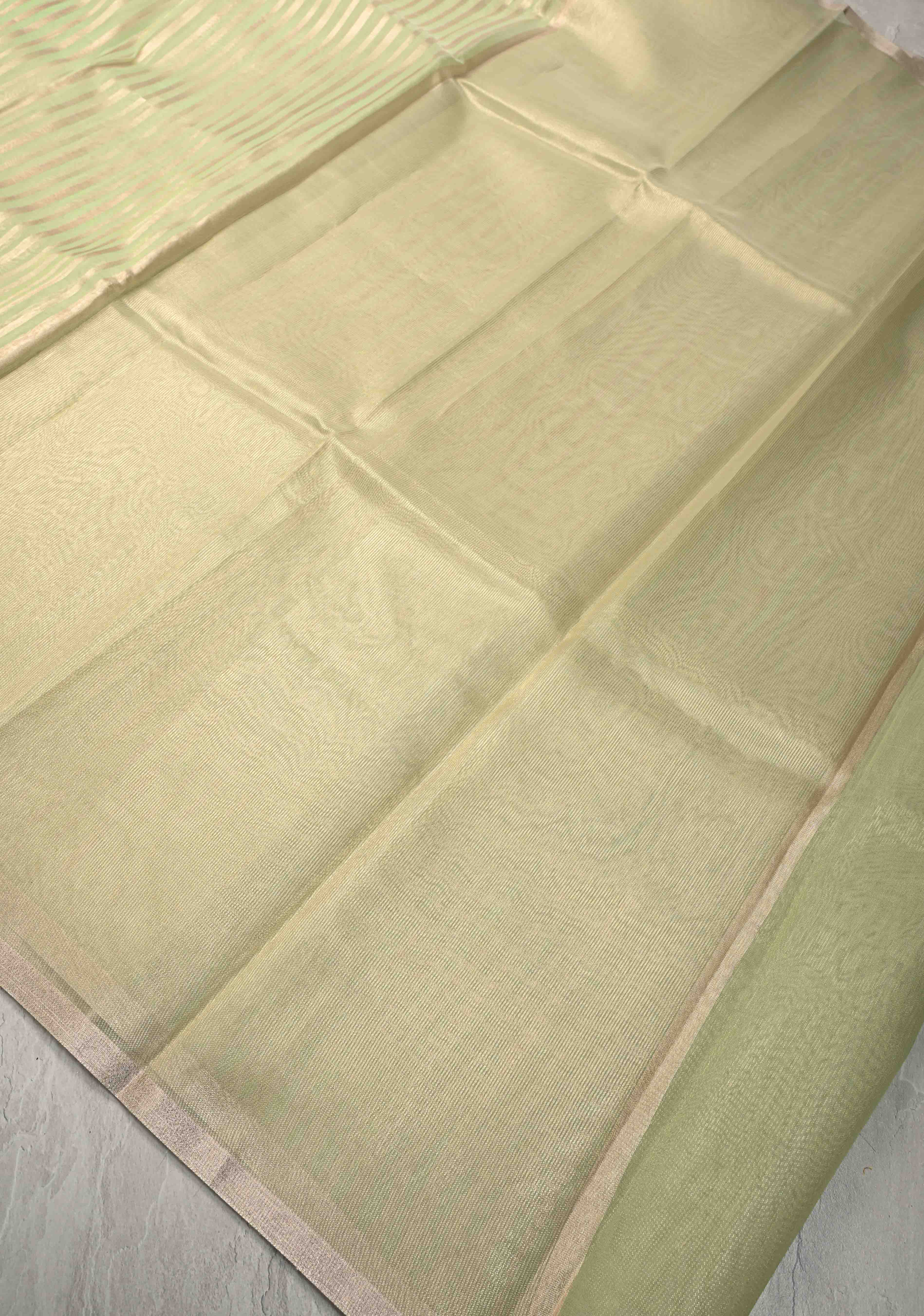 Lime Green Semi Kora Saree with Tissue Stripes and Minimal Zari Border | SHOBITAM