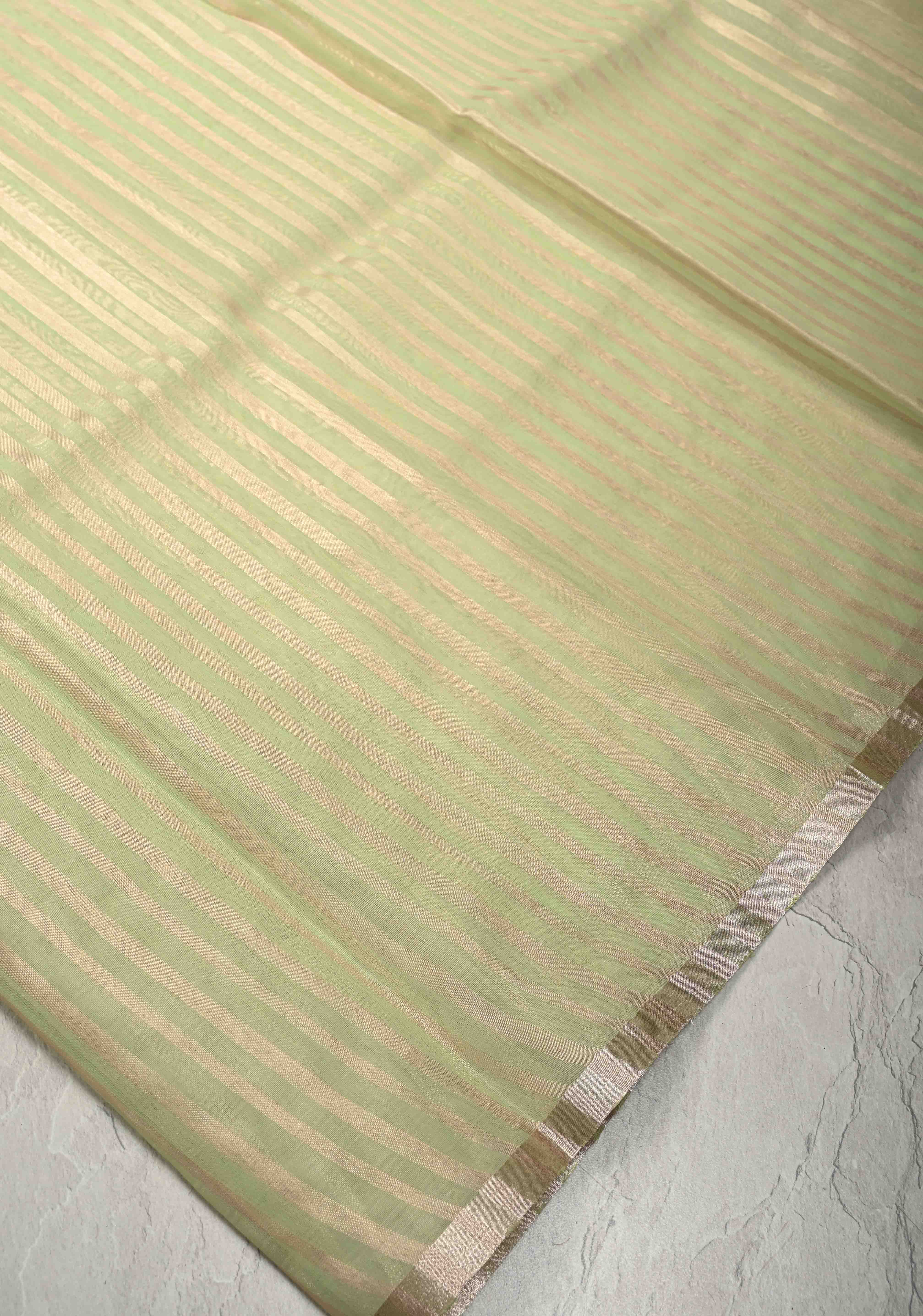 Lime Green Semi Kora Saree with Tissue Stripes and Minimal Zari Border | SHOBITAM