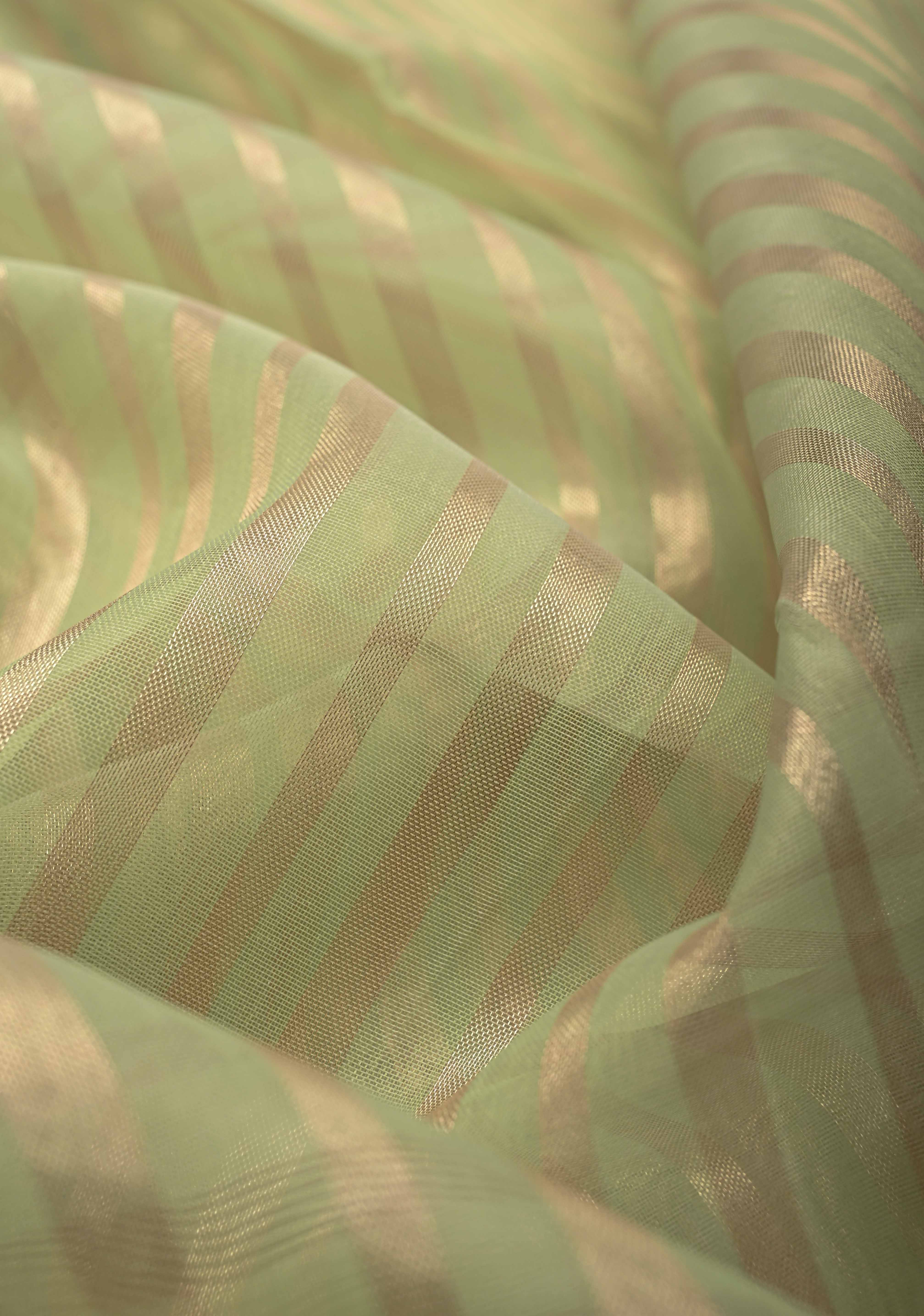 Lime Green Semi Kora Saree with Tissue Stripes and Minimal Zari Border | SHOBITAM