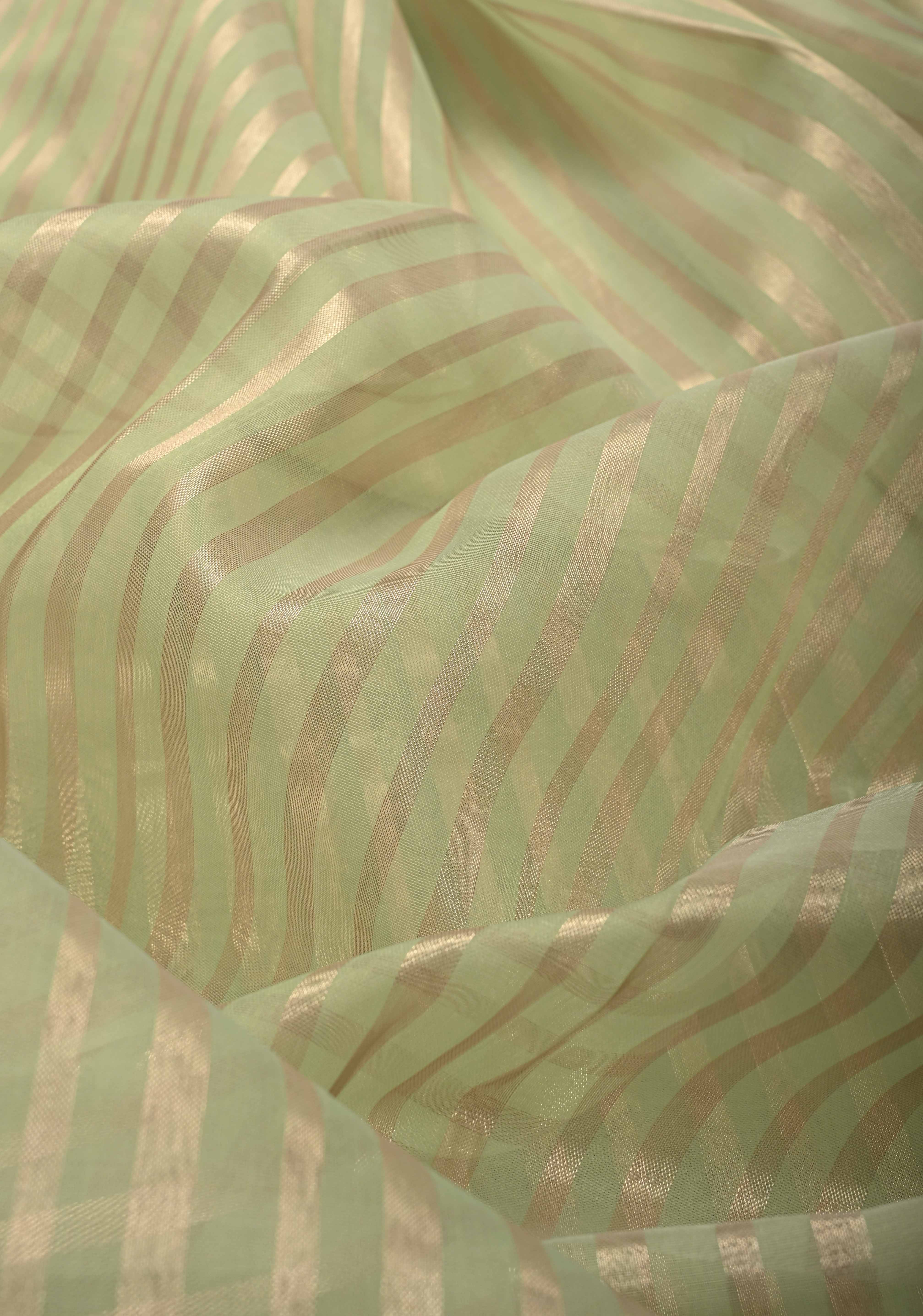 Lime Green Semi Kora Saree with Tissue Stripes and Minimal Zari Border | SHOBITAM