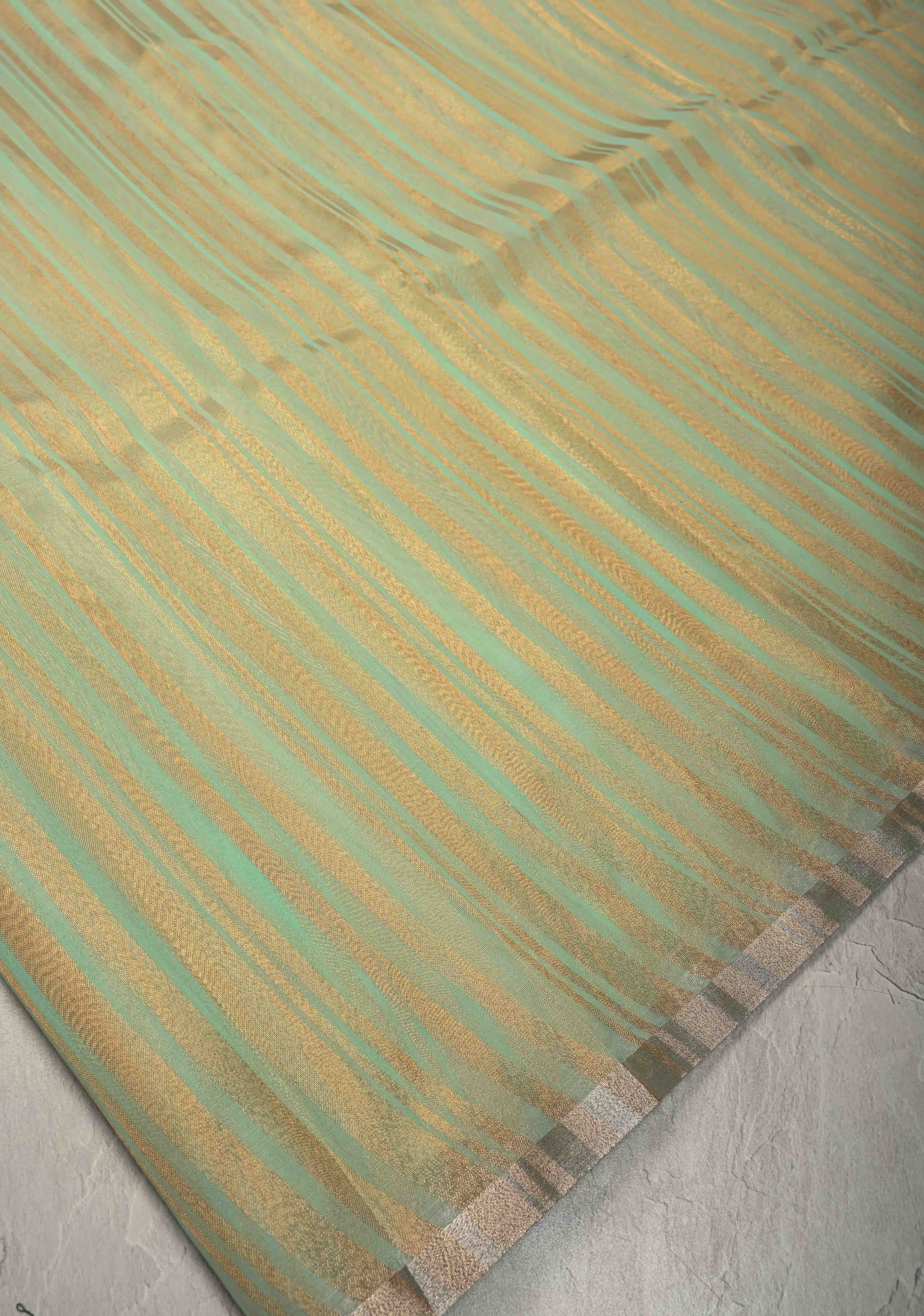 Dusty Pista Semi Kora Saree with Tissue Stripes and Minimal Zari Border | Shobitam