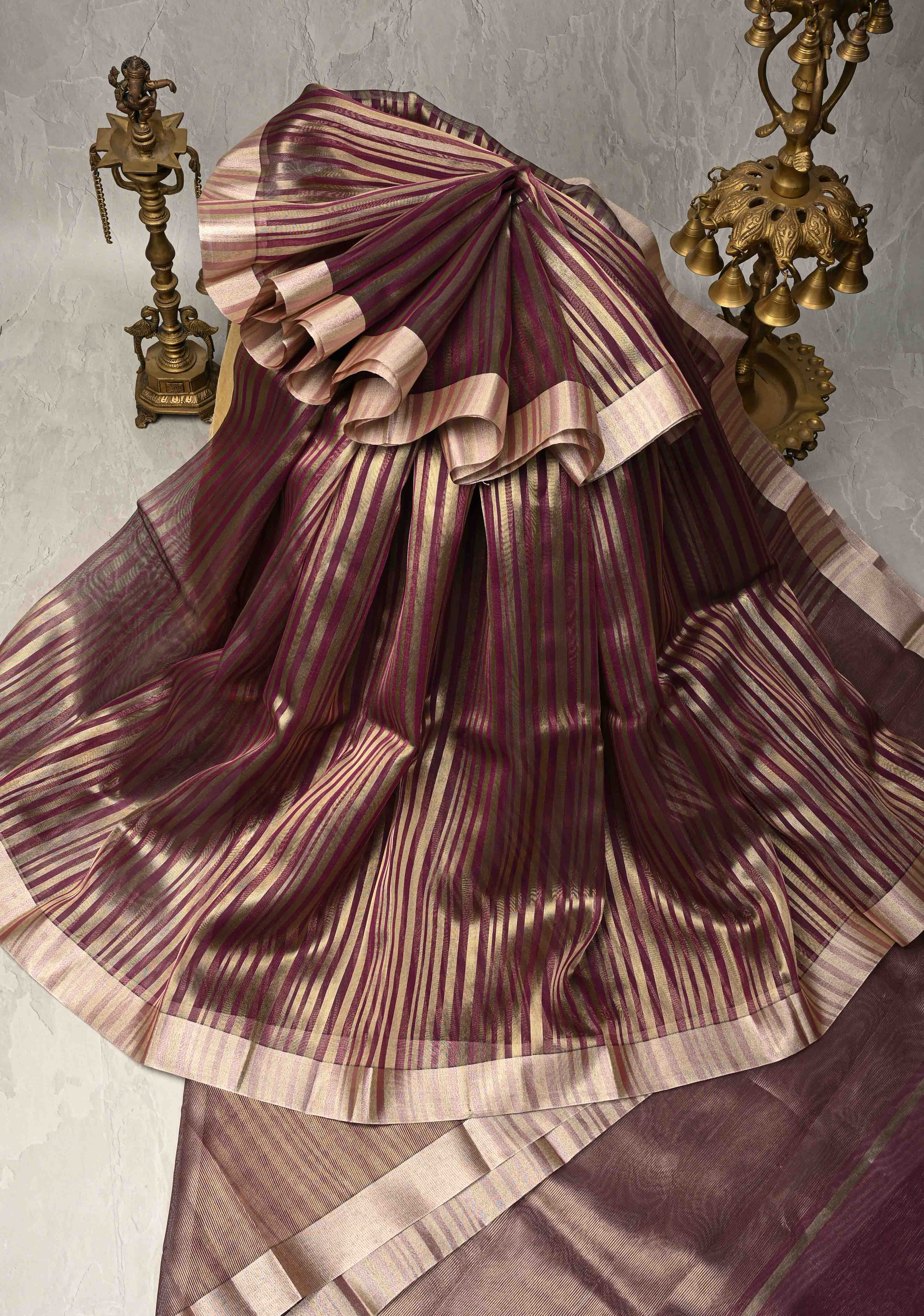 Deep Magenta Semi Kora Saree with Tissue Stripes and Zari Border Ready to wear saree
