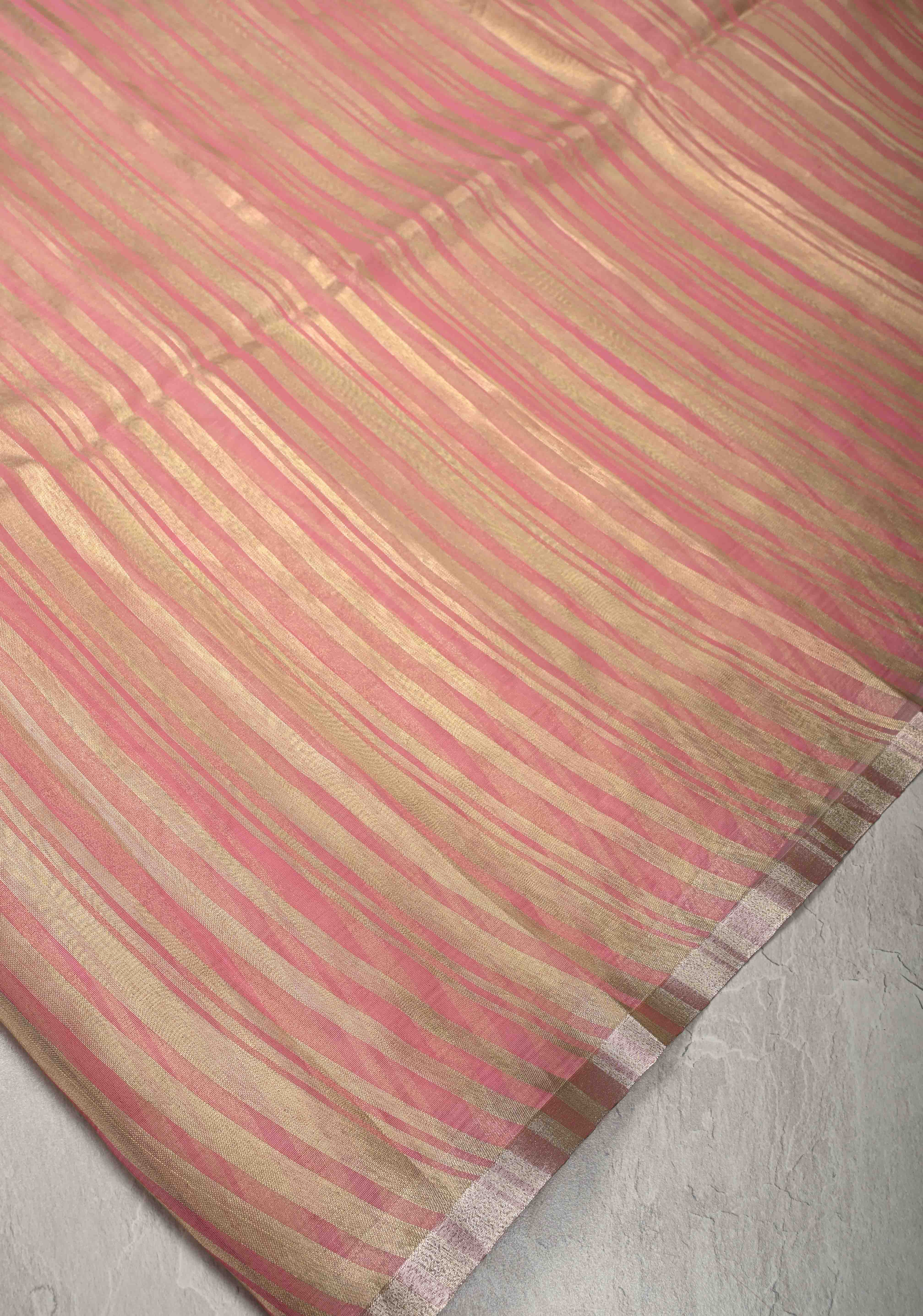 Rose Pink Semi Kora Saree with Tissue Stripes and Minimal Zari Border | Shobitam