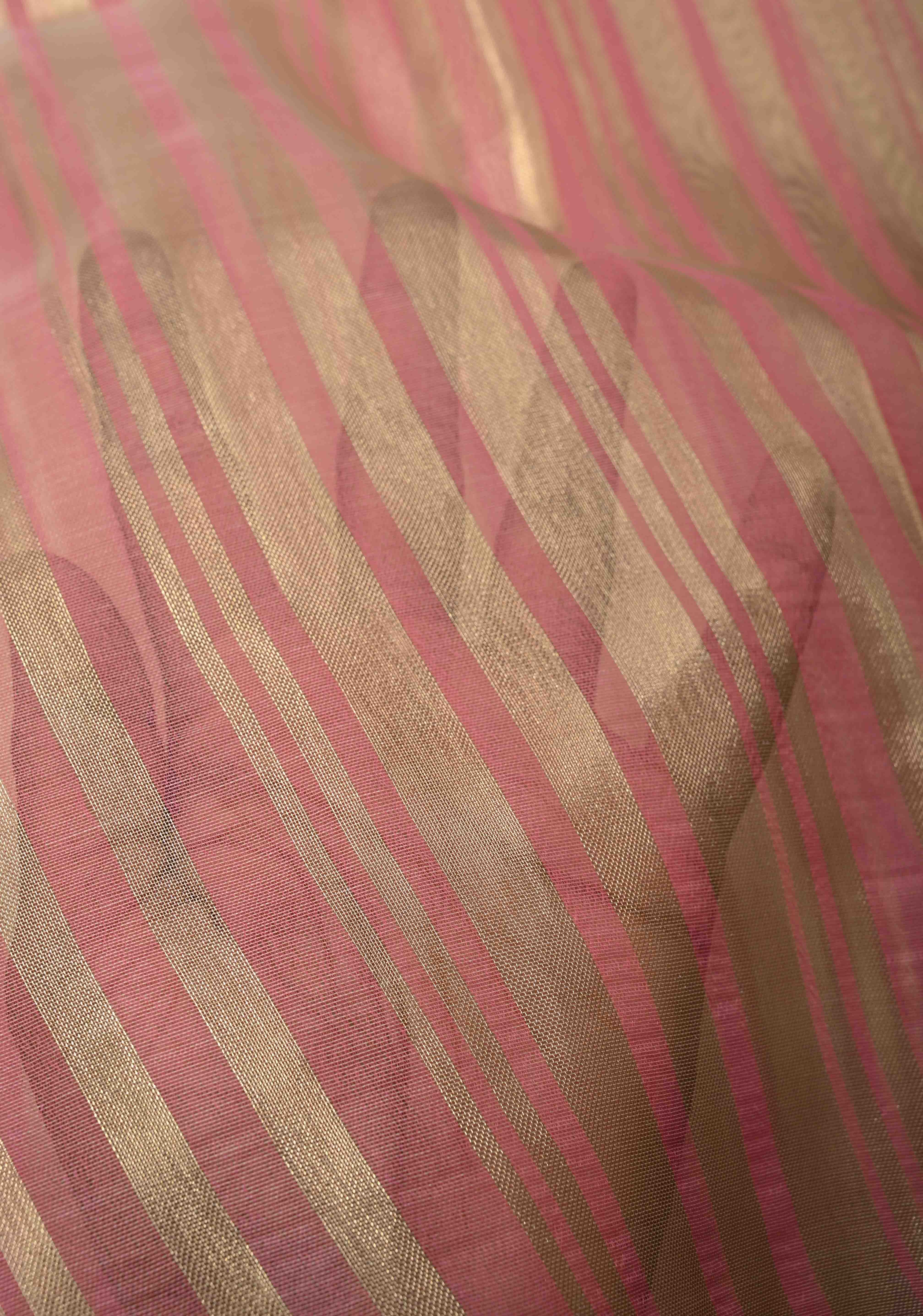 Rose Pink Semi Kora Saree with Tissue Stripes and Minimal Zari Border | Shobitam
