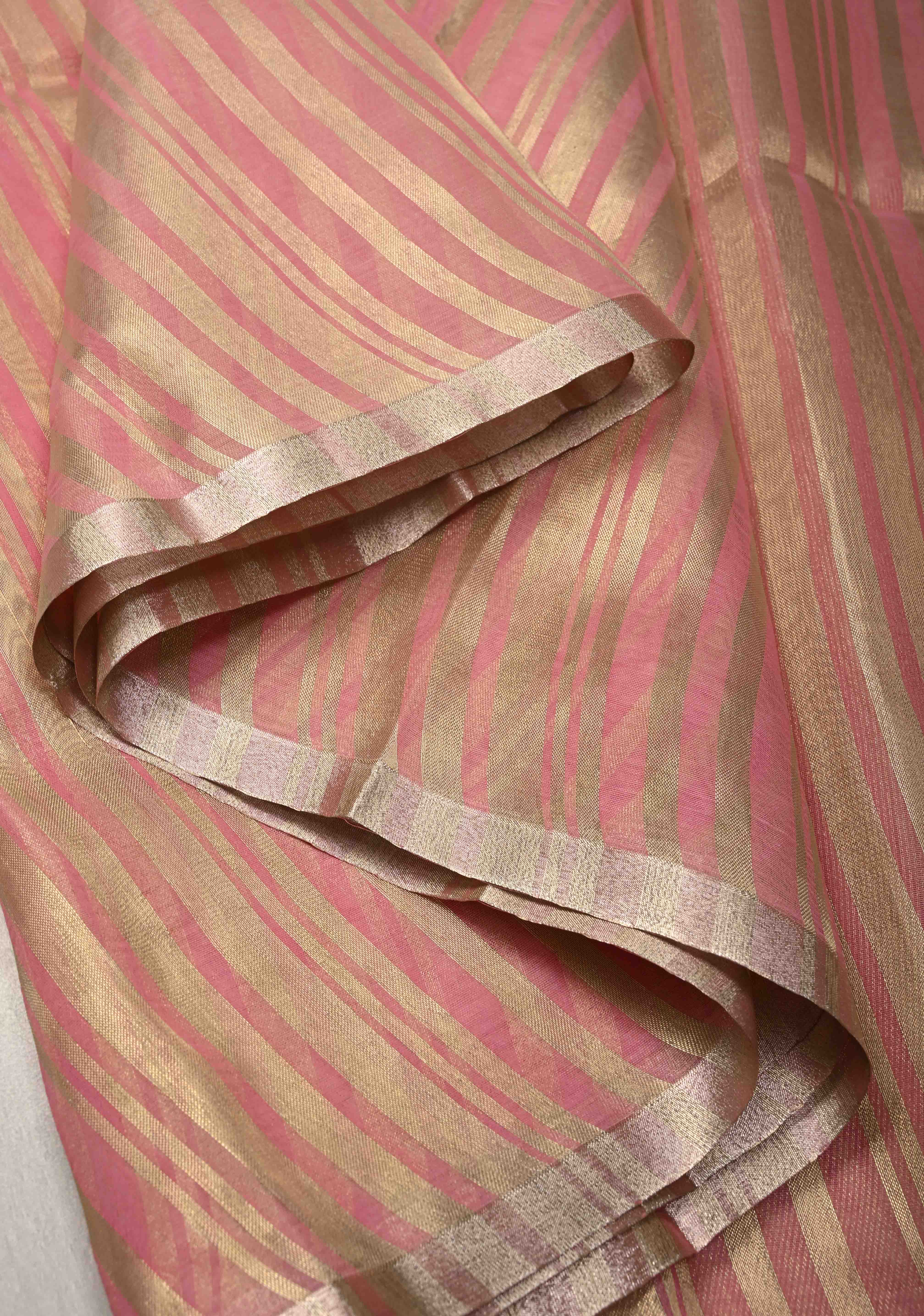 Rose Pink Semi Kora Saree with Tissue Stripes and Minimal Zari Border | Shobitam