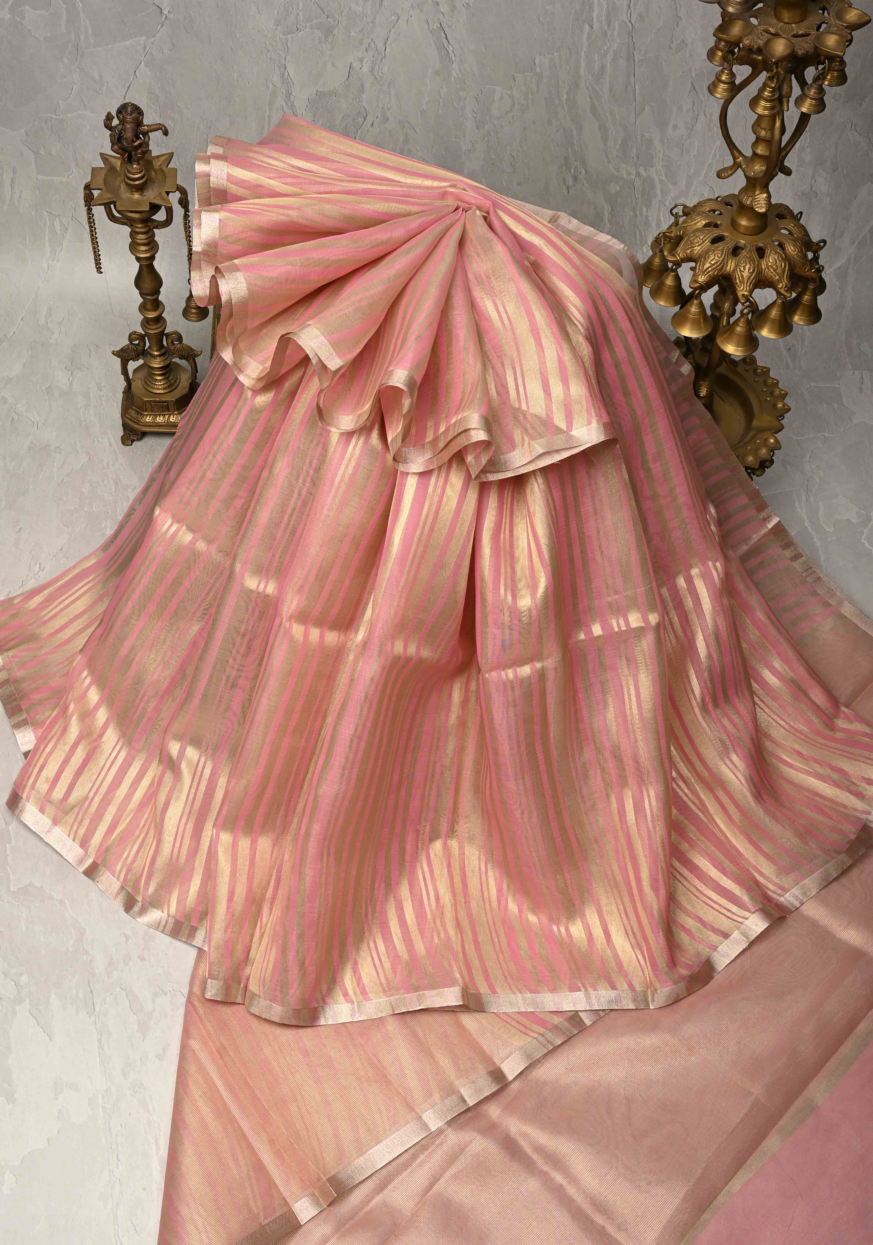 Rose Pink Semi Kora Saree with Tissue Stripes and Minimal Zari Border | Shobitam