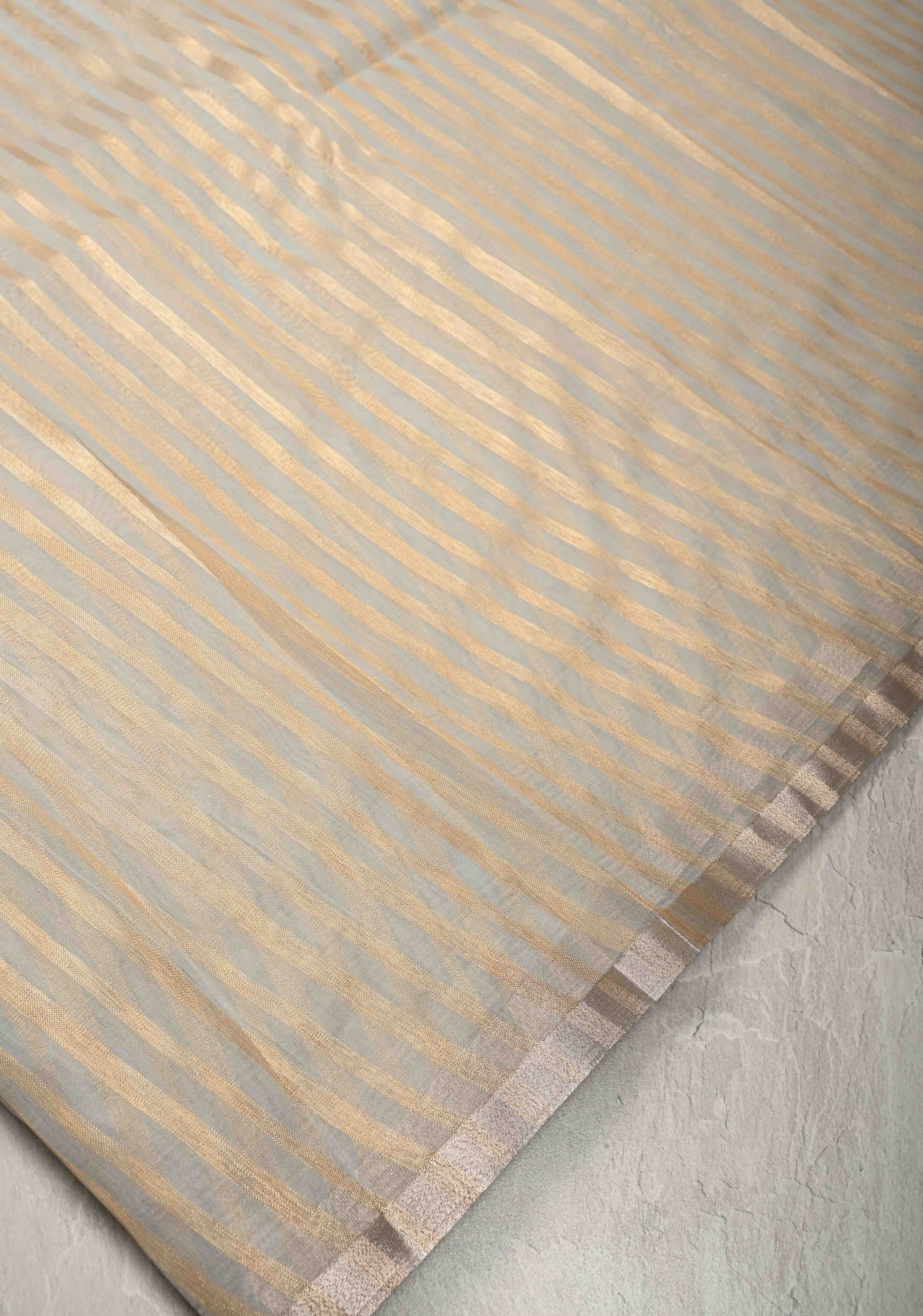 Grey Semi Kora Saree with Tissue Stripes and Minimal Zari Border | Shobitam