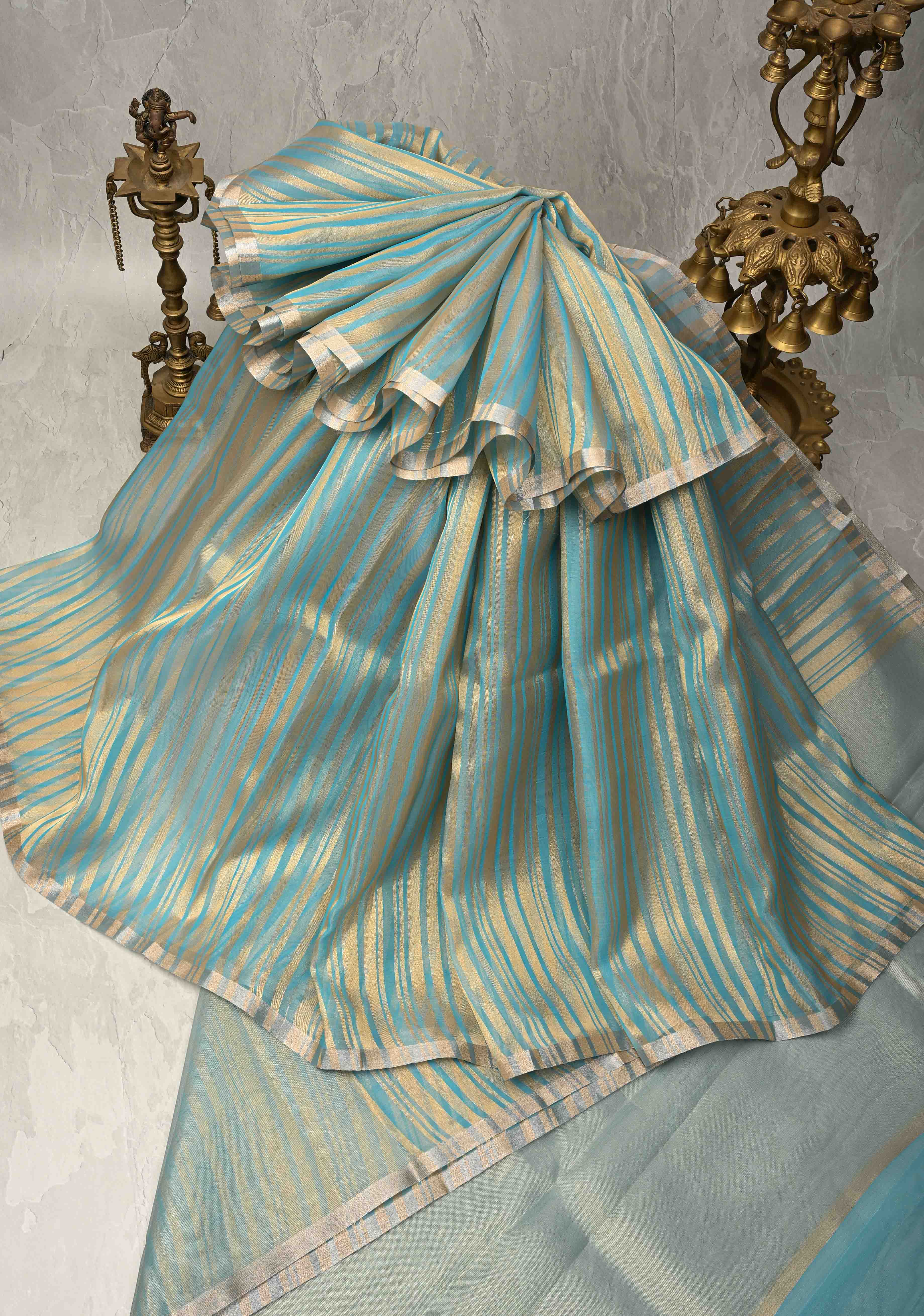 Cyan Semi Kora Saree with Tissue Stripes and Minimal Zari Border