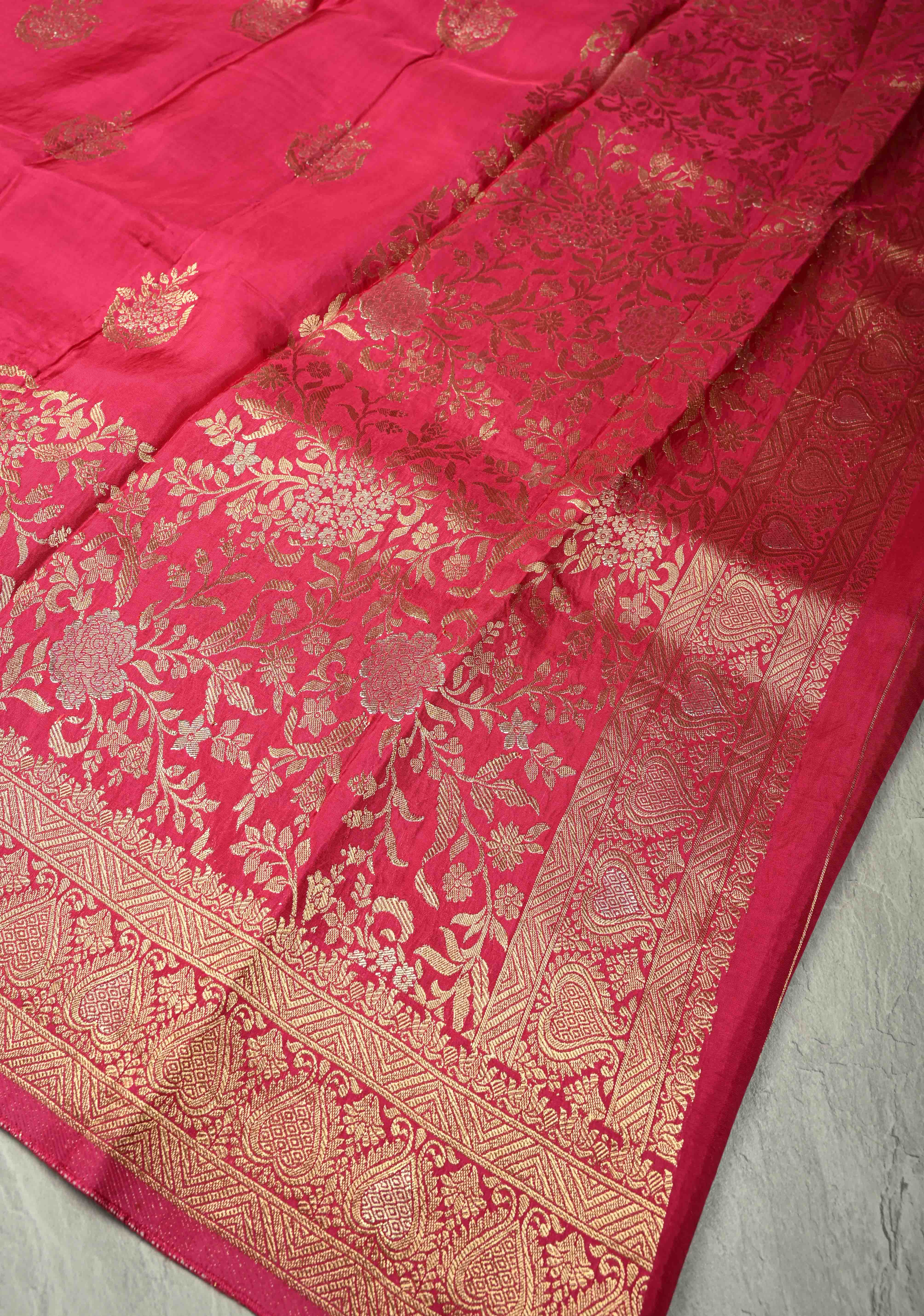 Rani Pink Banarasi Semi Silk Saree with Floral Zari Buttas and Zari Border | Shobitam
