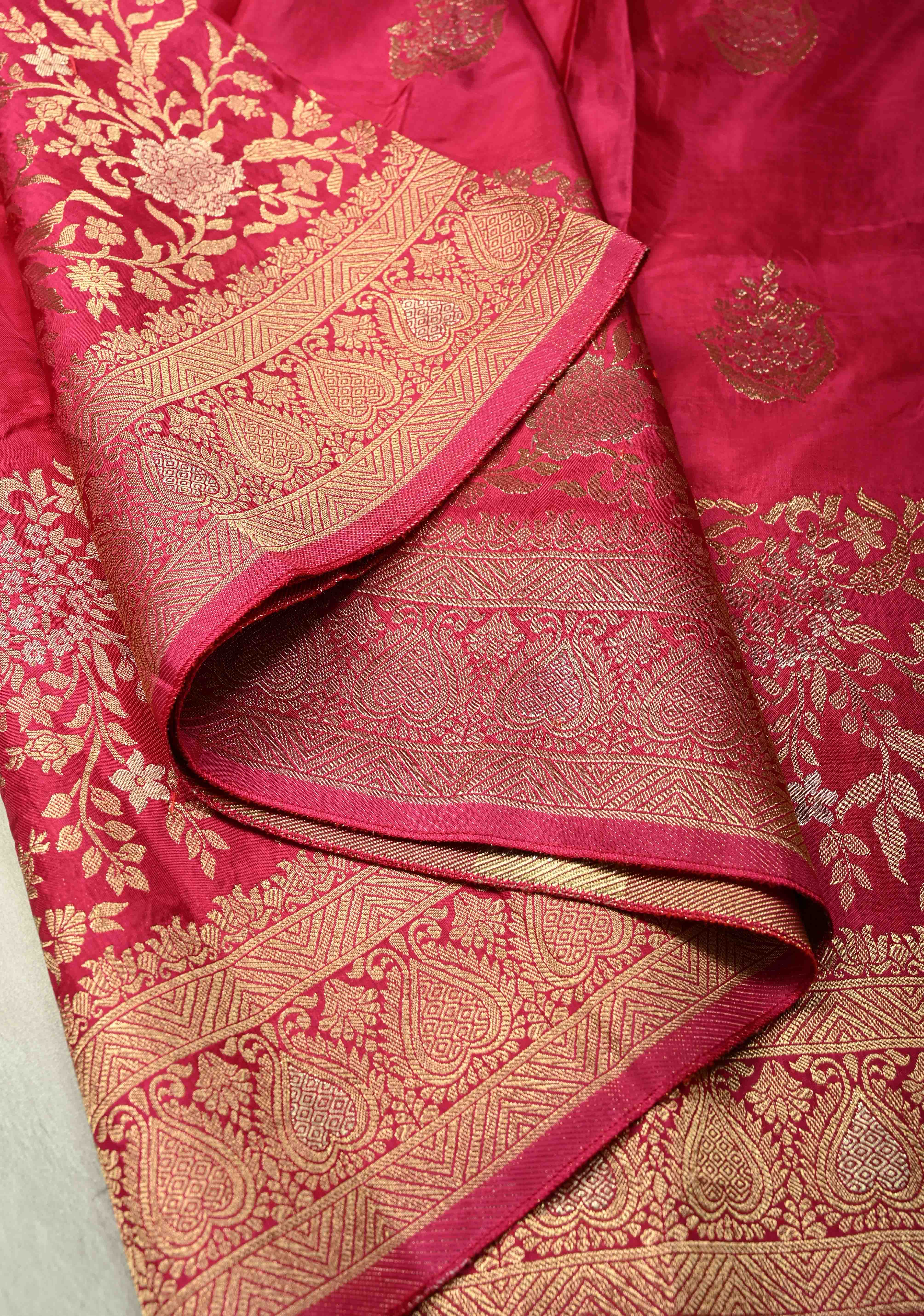 Rani Pink Banarasi Semi Silk Saree with Floral Zari Buttas and Zari Border | Shobitam