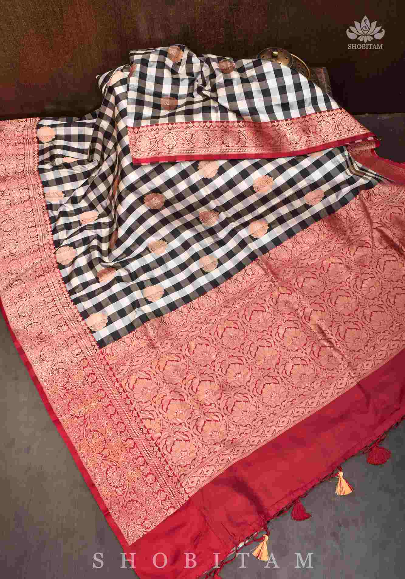 Ready To Wear Pure Katan Silk Banarasi Saree in Black and White Checks with Contrasting Red Borders  | SILK MARK CERTIFIED