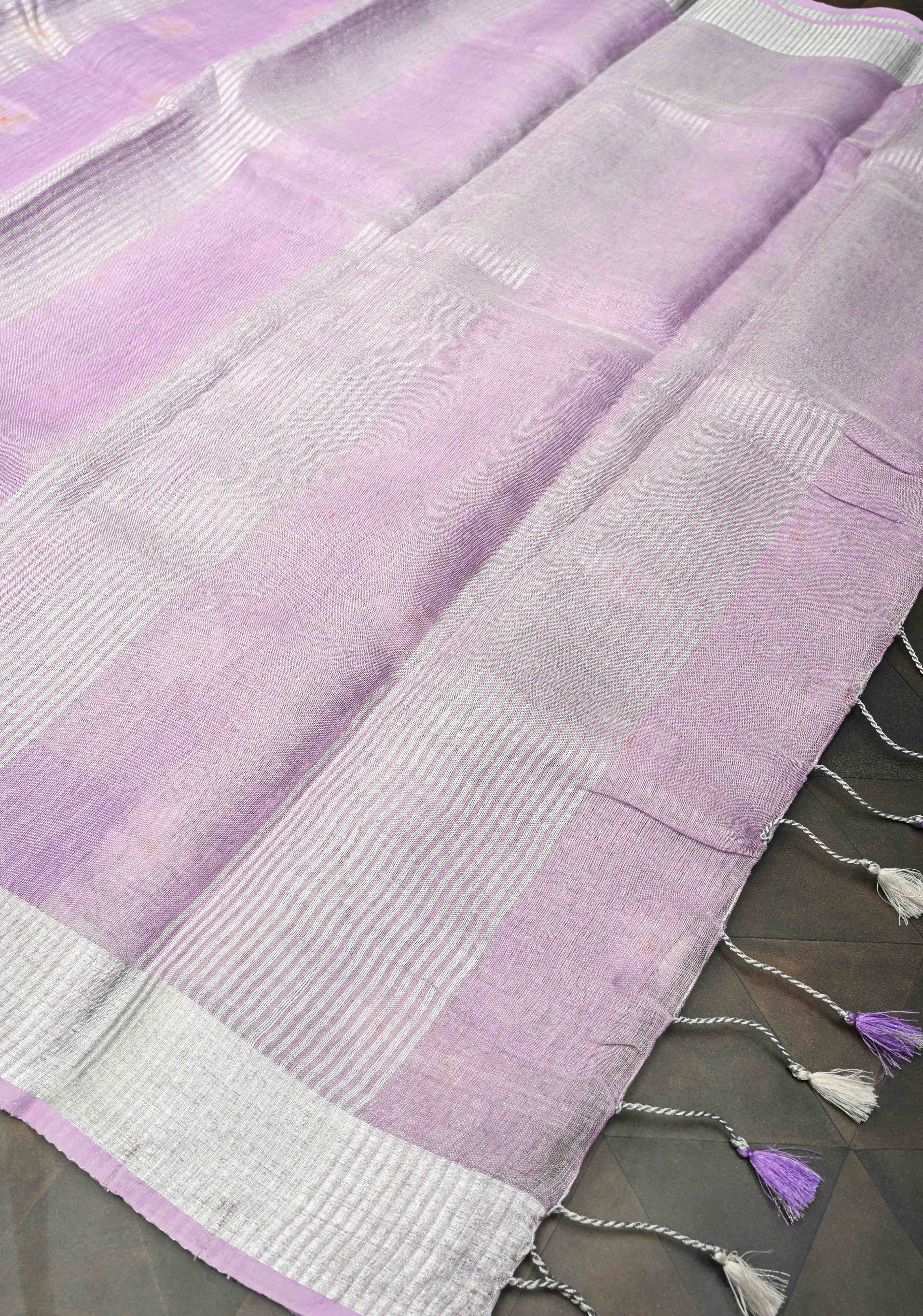 Lavender Parijaat Flower Embroidery Tissue Linen Saree | Shobitam