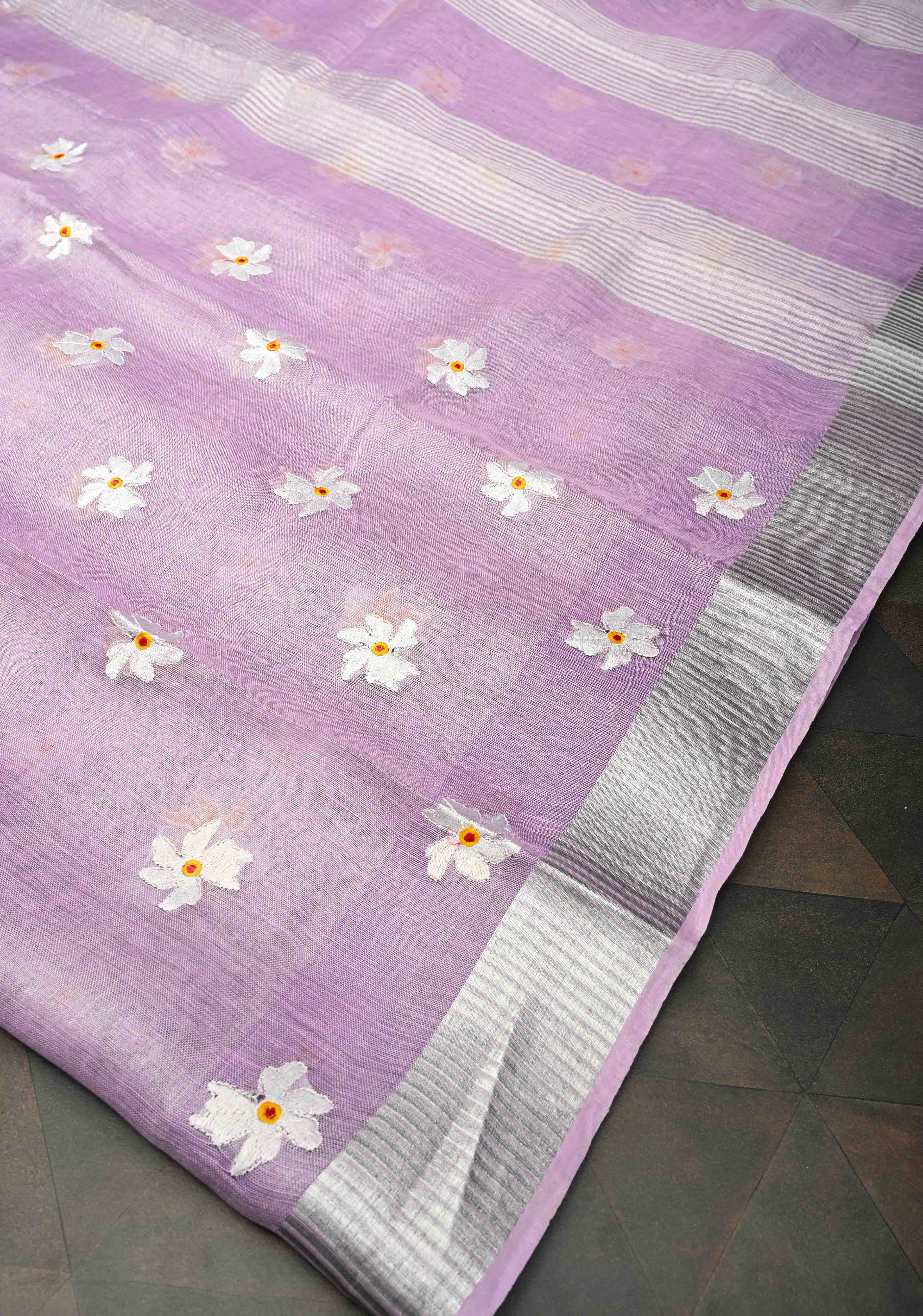 Lavender Parijaat Flower Embroidery Tissue Linen Saree | Shobitam